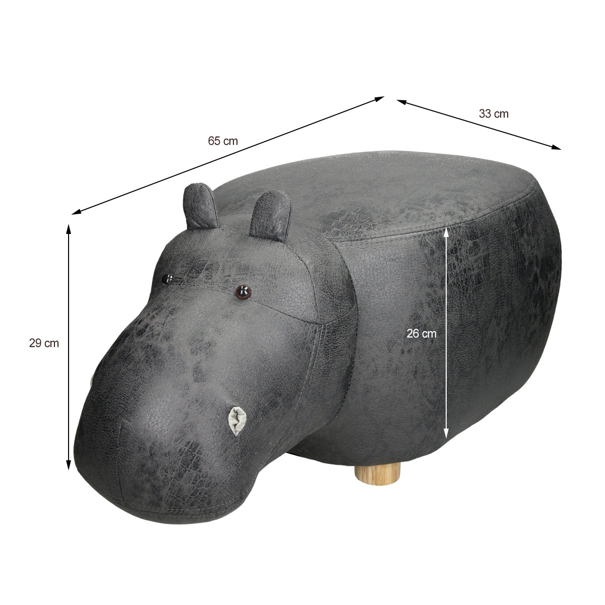 Sitting stool in the shape of a hippopotamus with dimensions and wooden legs.