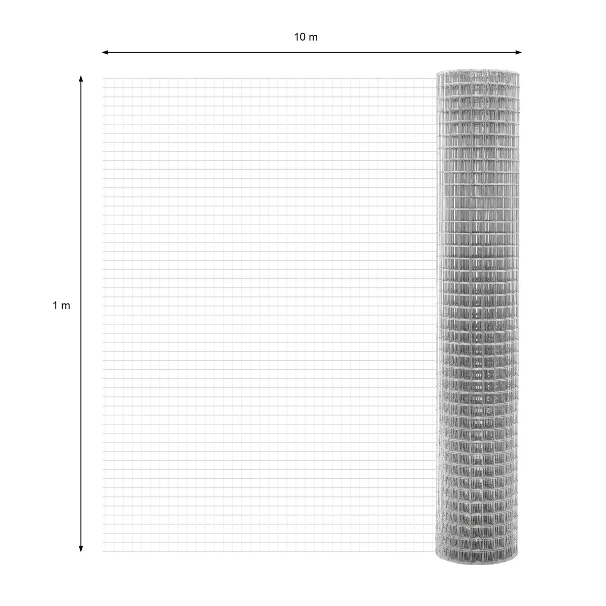 Rollen von Drahtgitter mit Maßen von 10 m x 1 m auf einem weißen Hintergrund.