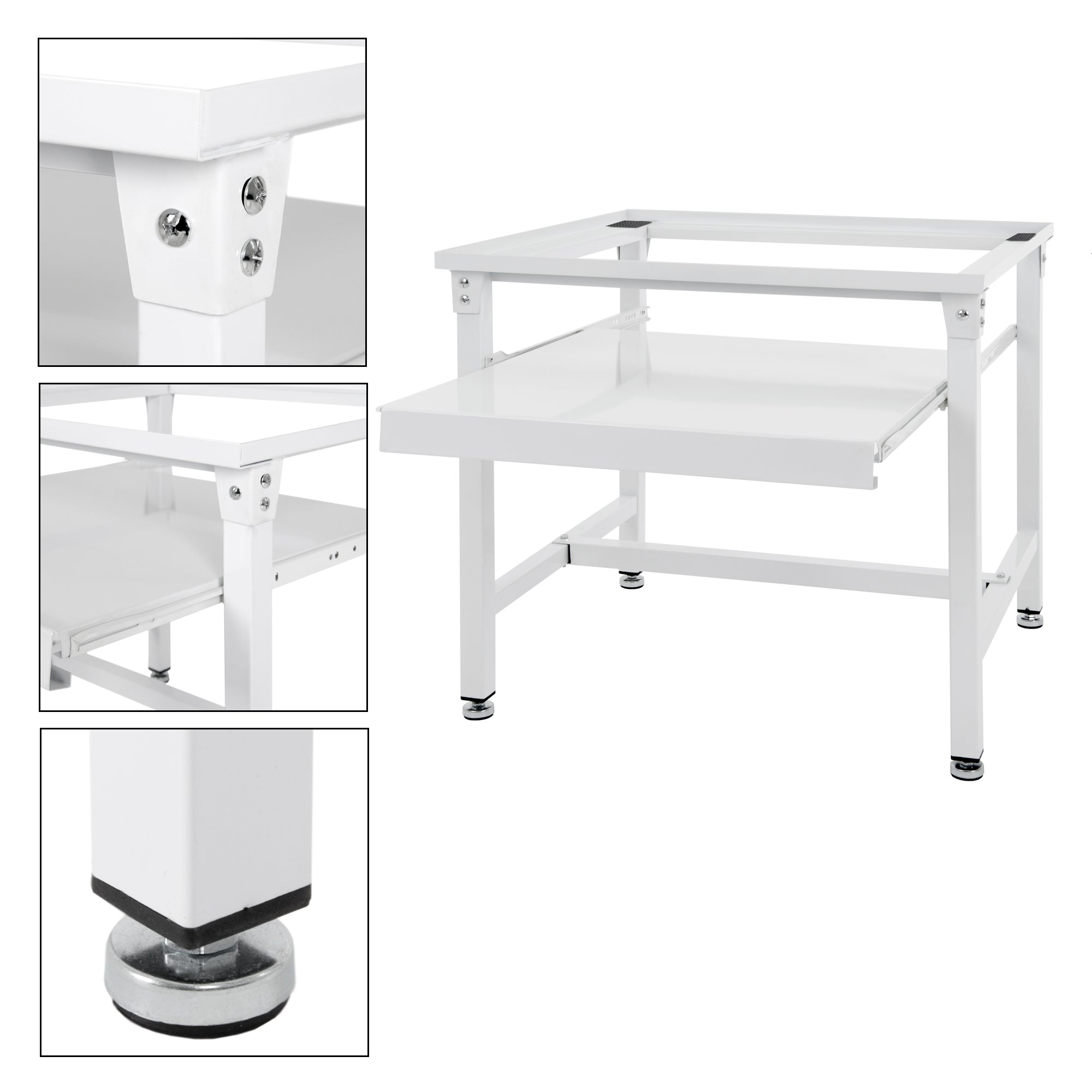 White table with a lower shelf and adjustable feet.