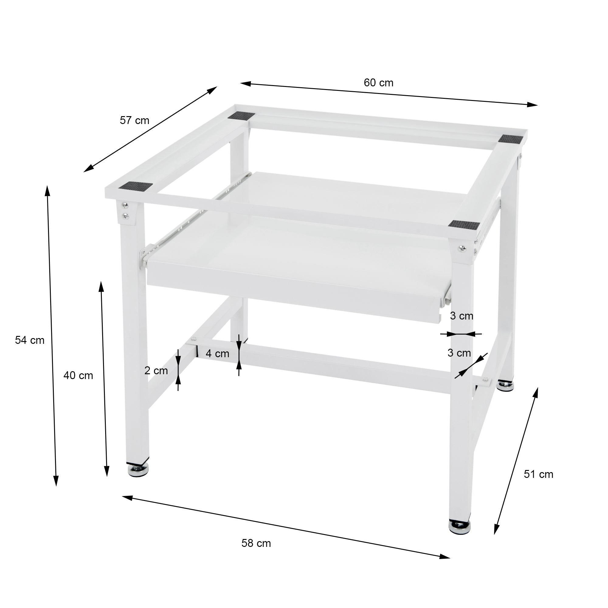 White table with dimensions, two shelves, and four legs.
