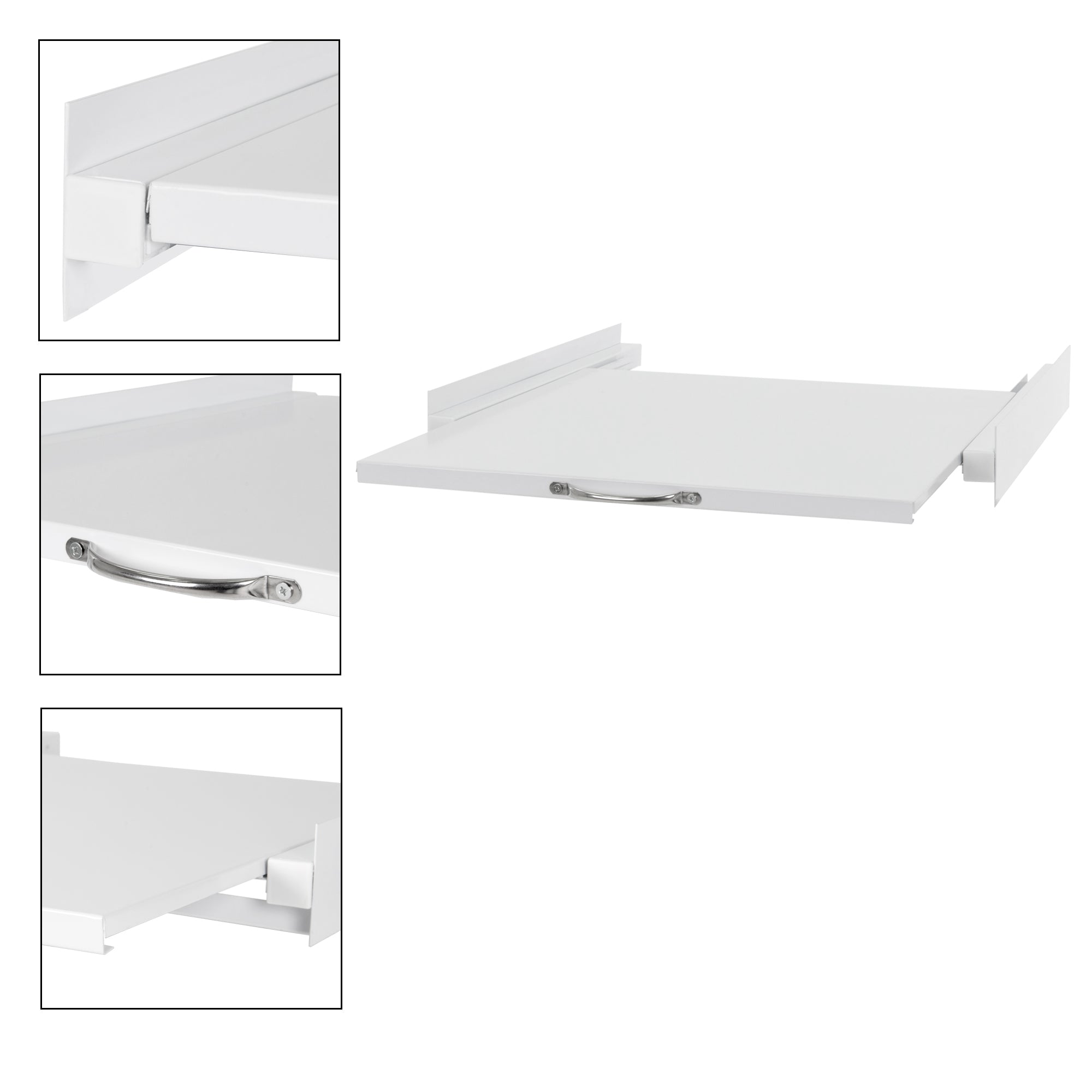 Uitschuifbare witte plank met handvat en zijsteunen.