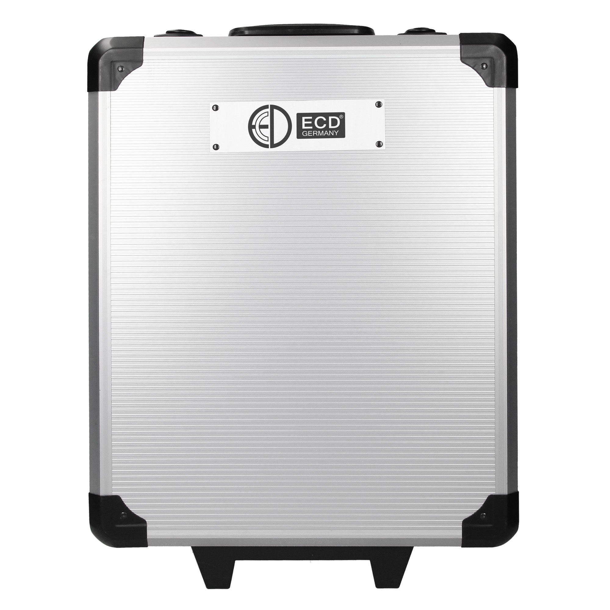 Aluminum case with silver surface and a logo.