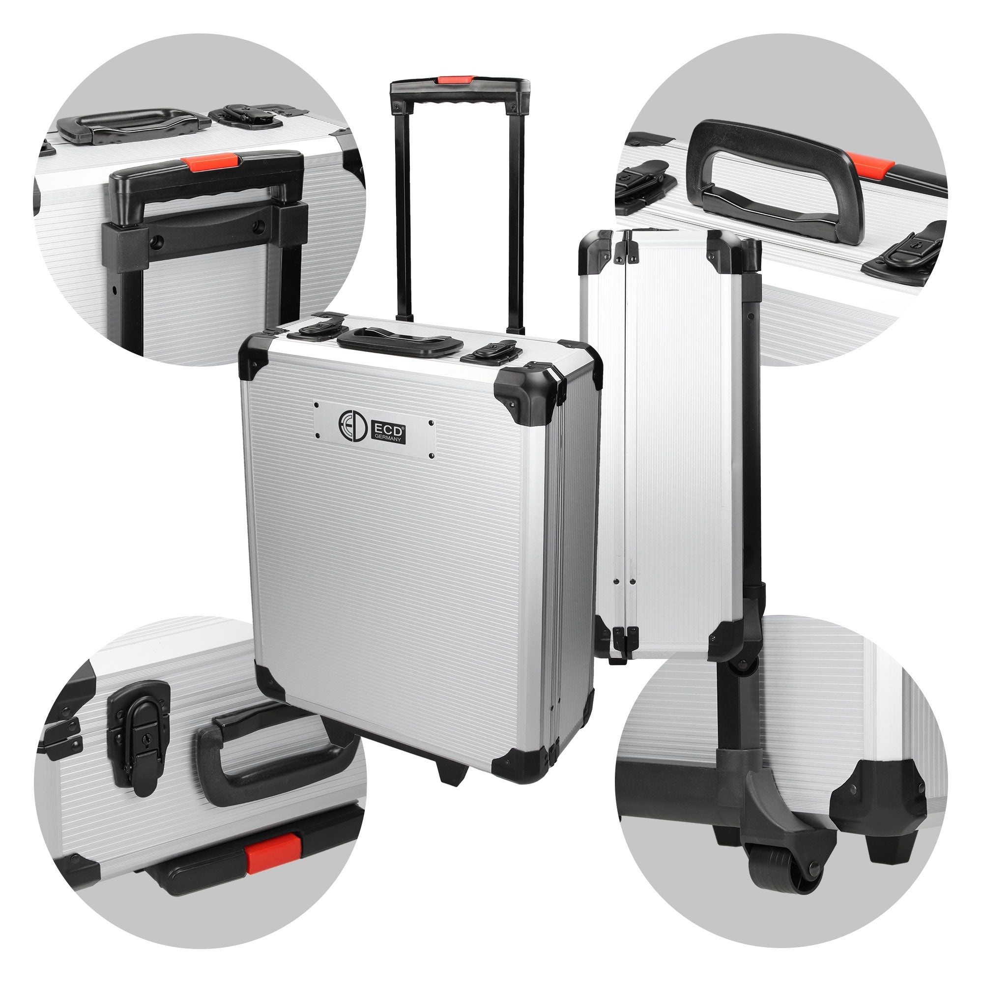 A suitcase with a telescopic handle and various views.