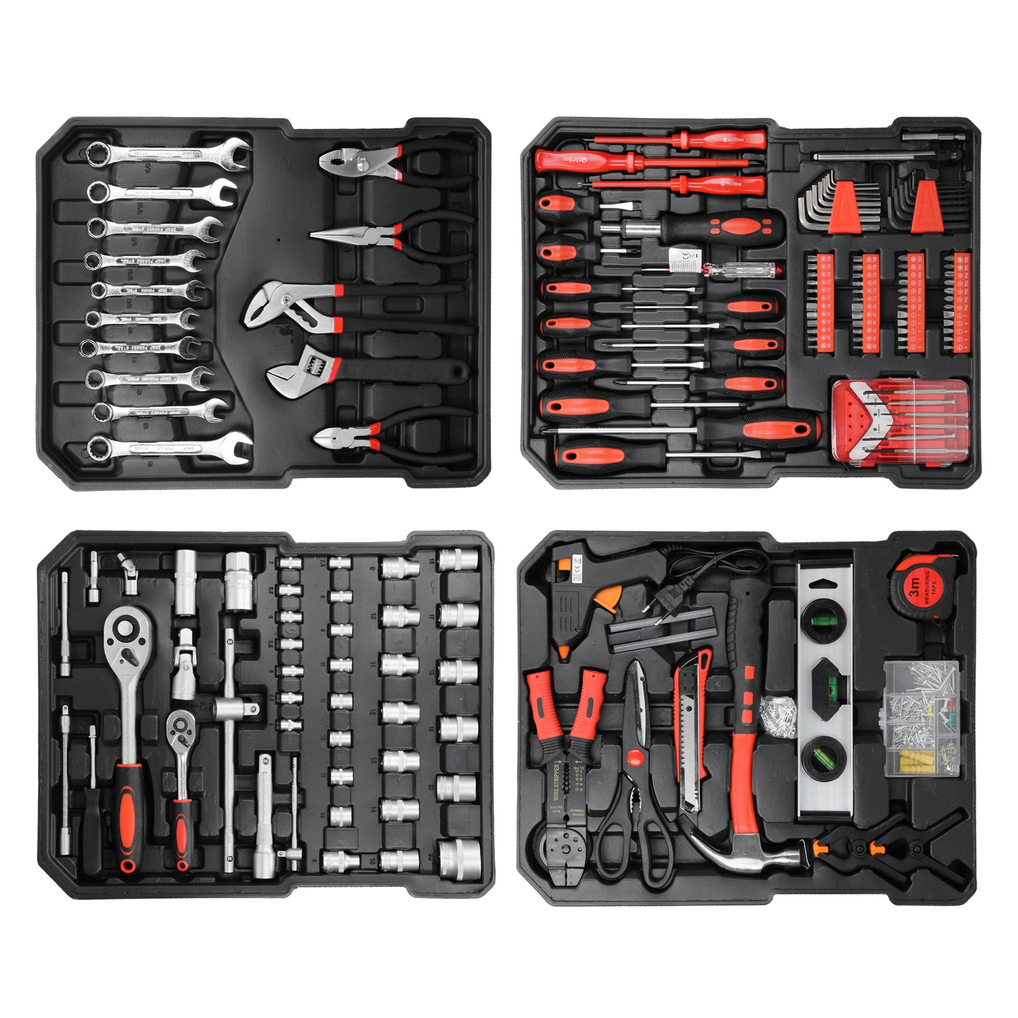 Toolbox with various tools, arranged in four compartments.