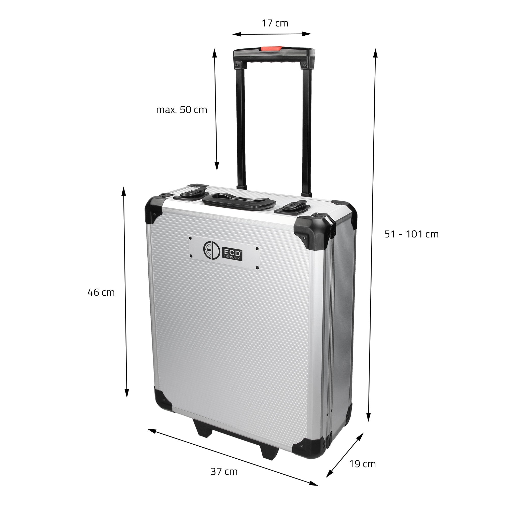 Aluminum case with dimensions and retractable handle.