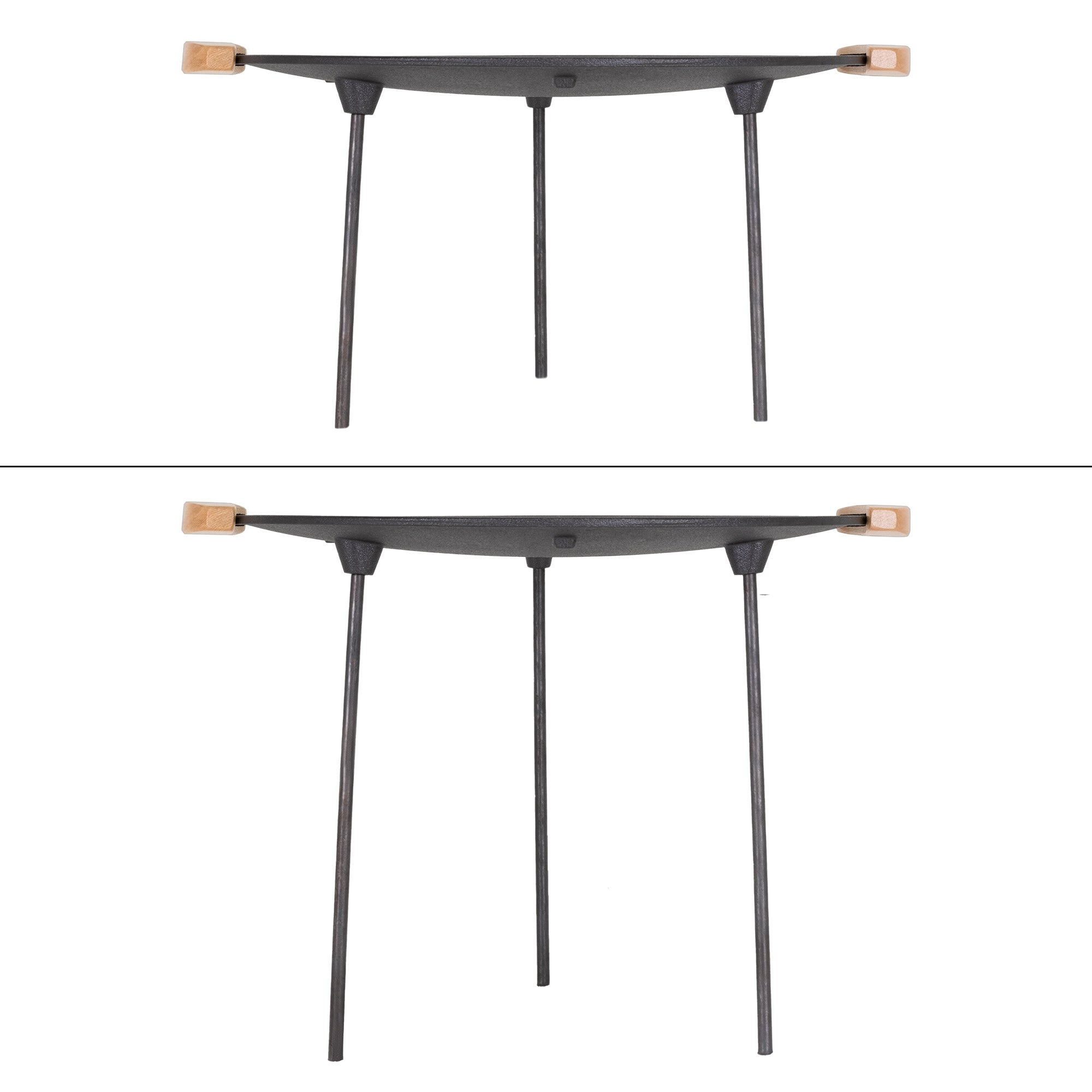 Table with a round top and four legs, two wooden handles.