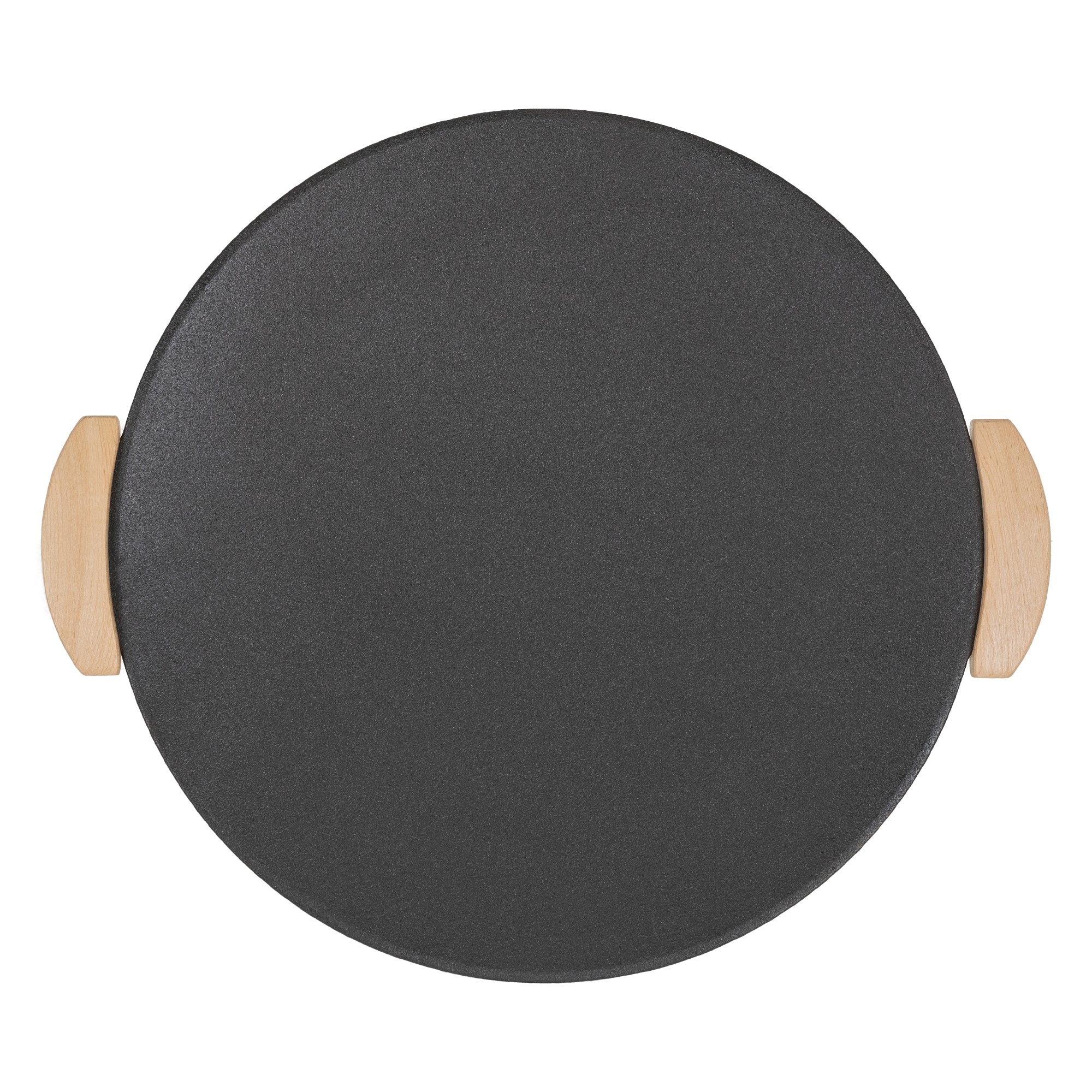 Round black table with two wooden handles.