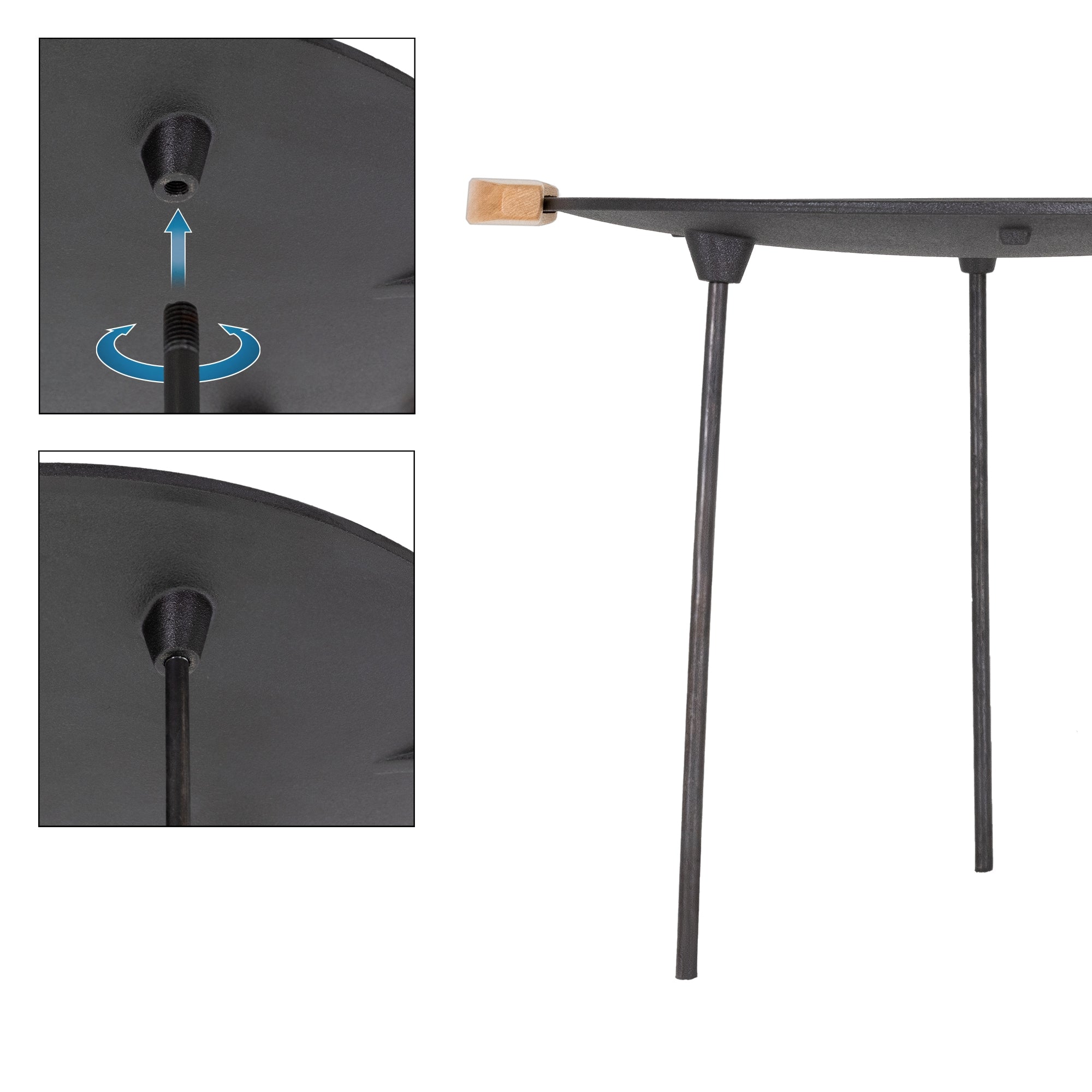 Round table with three legs and wooden handle, detail view.