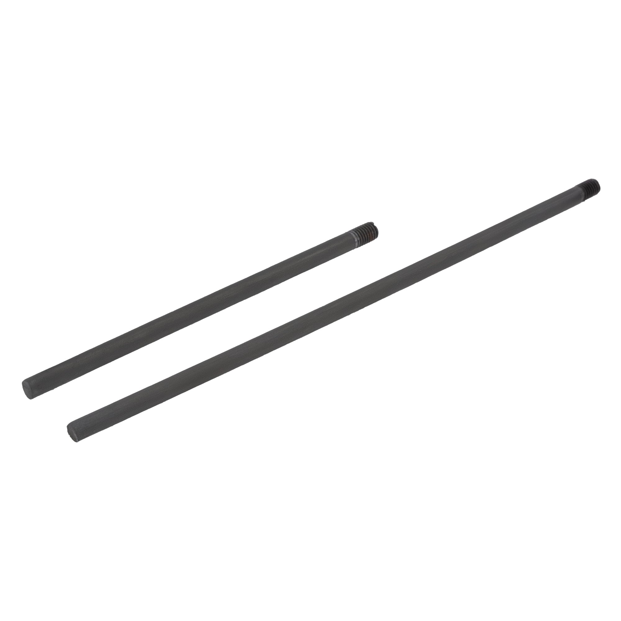 Two black pipes, one with threads, lying next to each other.