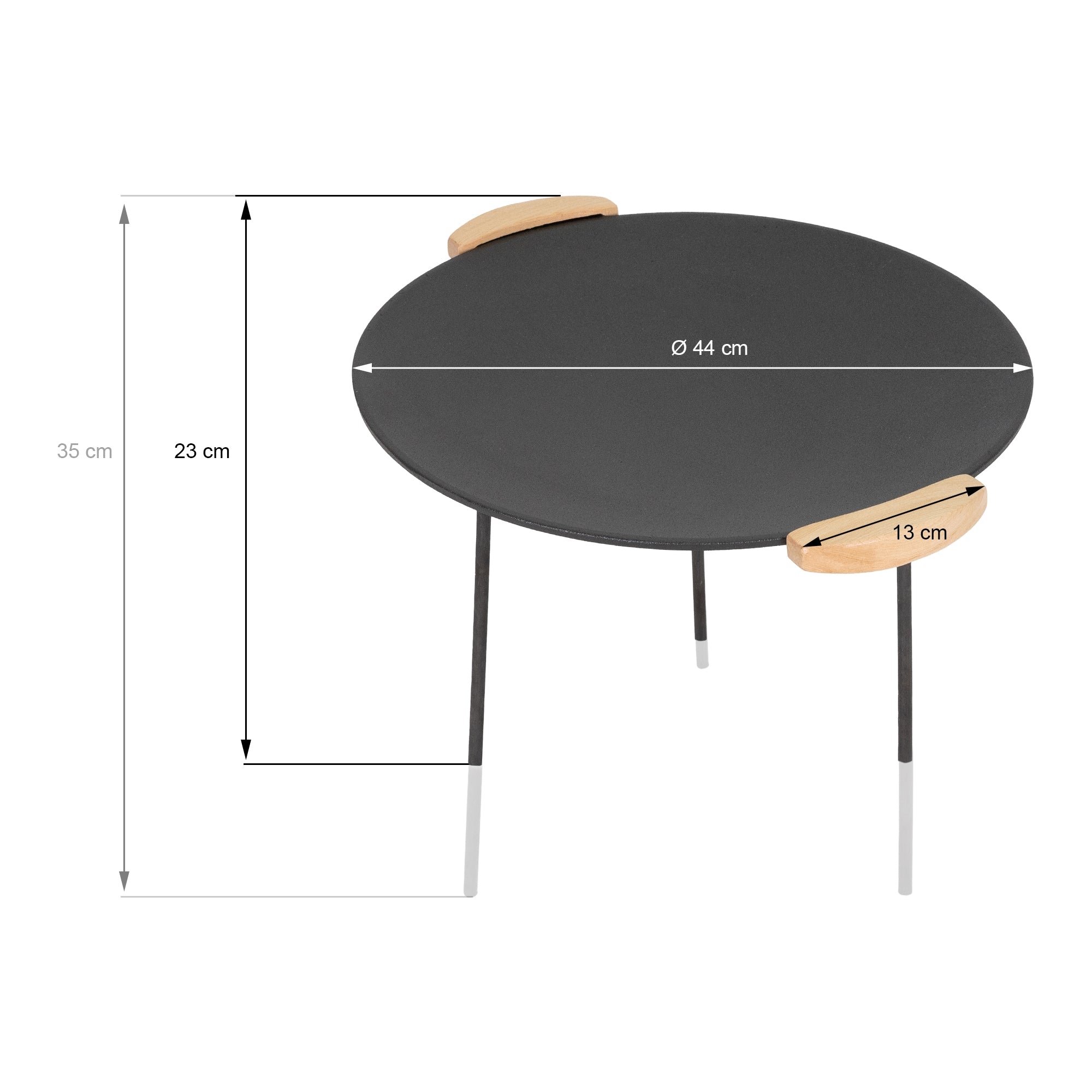 Round table with wooden handles, diameter 44 cm, height 35 cm, with measurements.