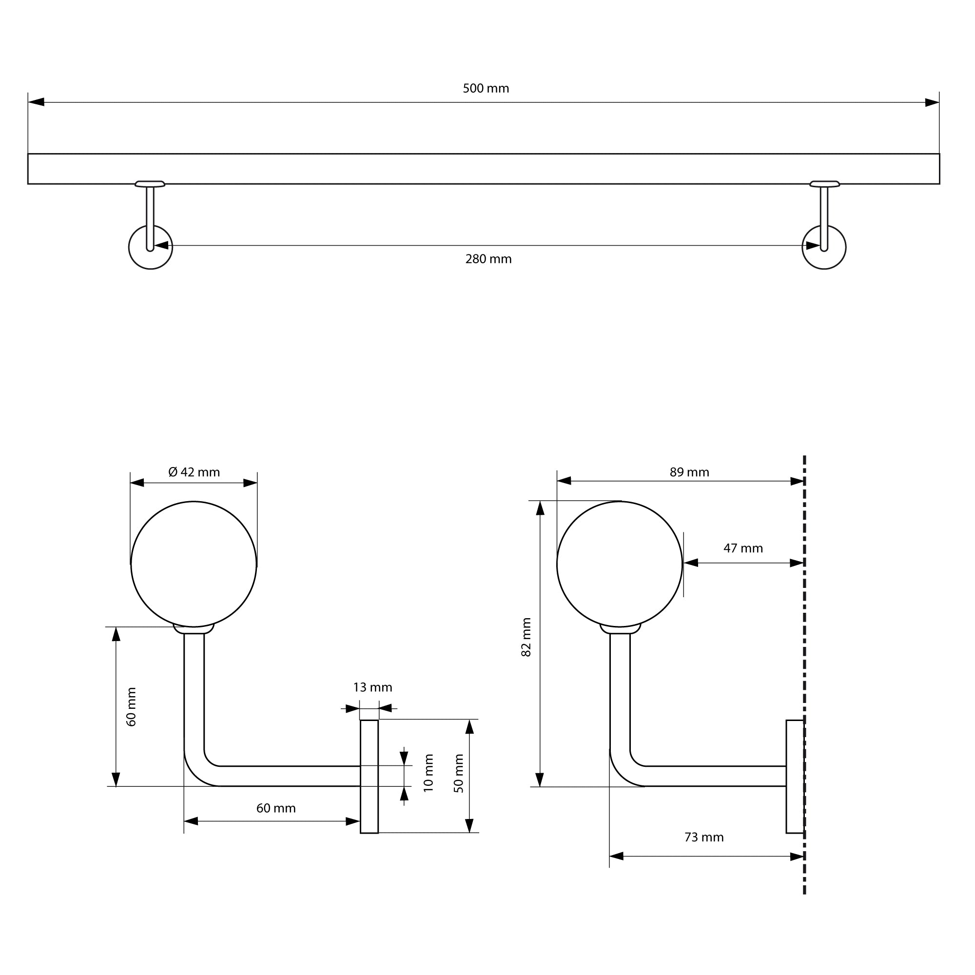 Technische Zeichnung eines Handlaufs mit Maßen und Details.