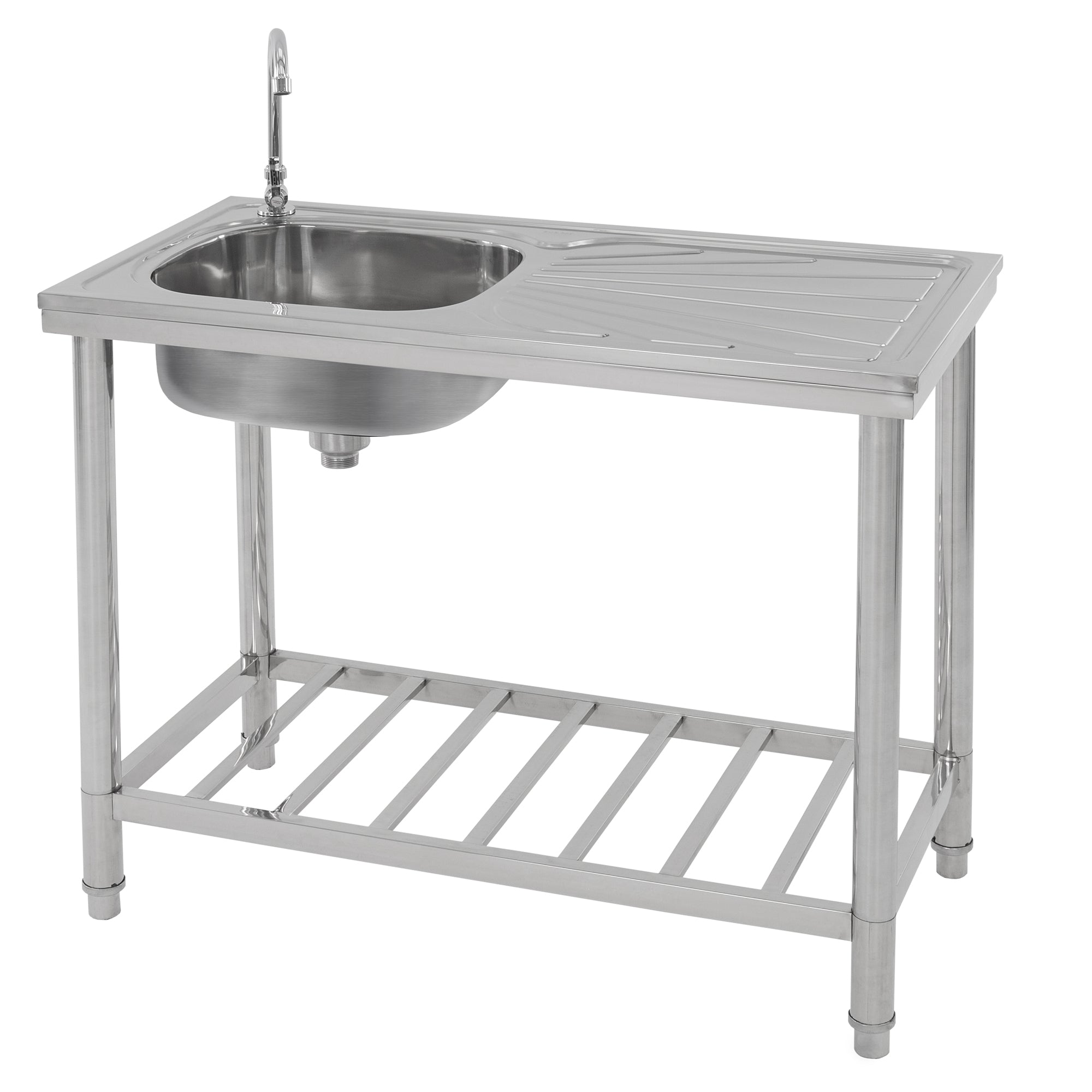 Eine Edelstahl-Arbeitsplatte mit einem Waschbecken und Ablage.