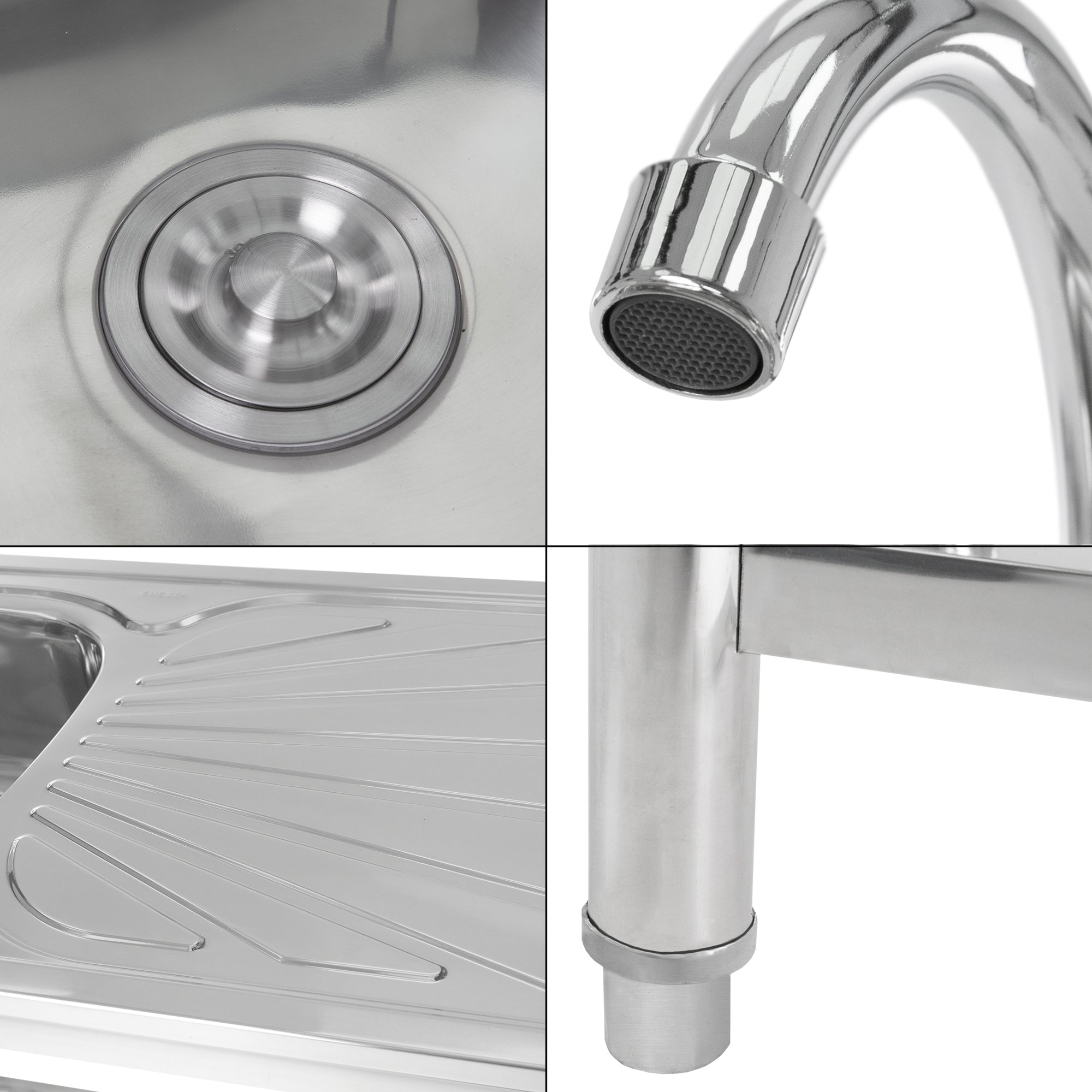 Detailansicht einer Edelstahlspüle mit Wasserhahn und Abfluss.
