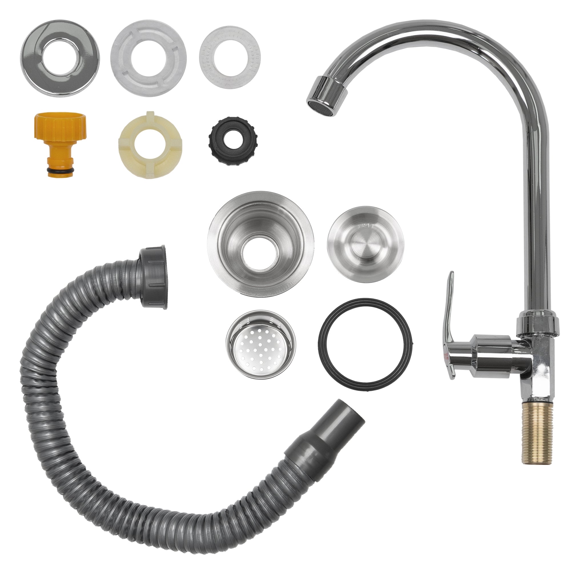 Ein Set von Armaturen und Zubehörteilen für eine Wasserleitung.