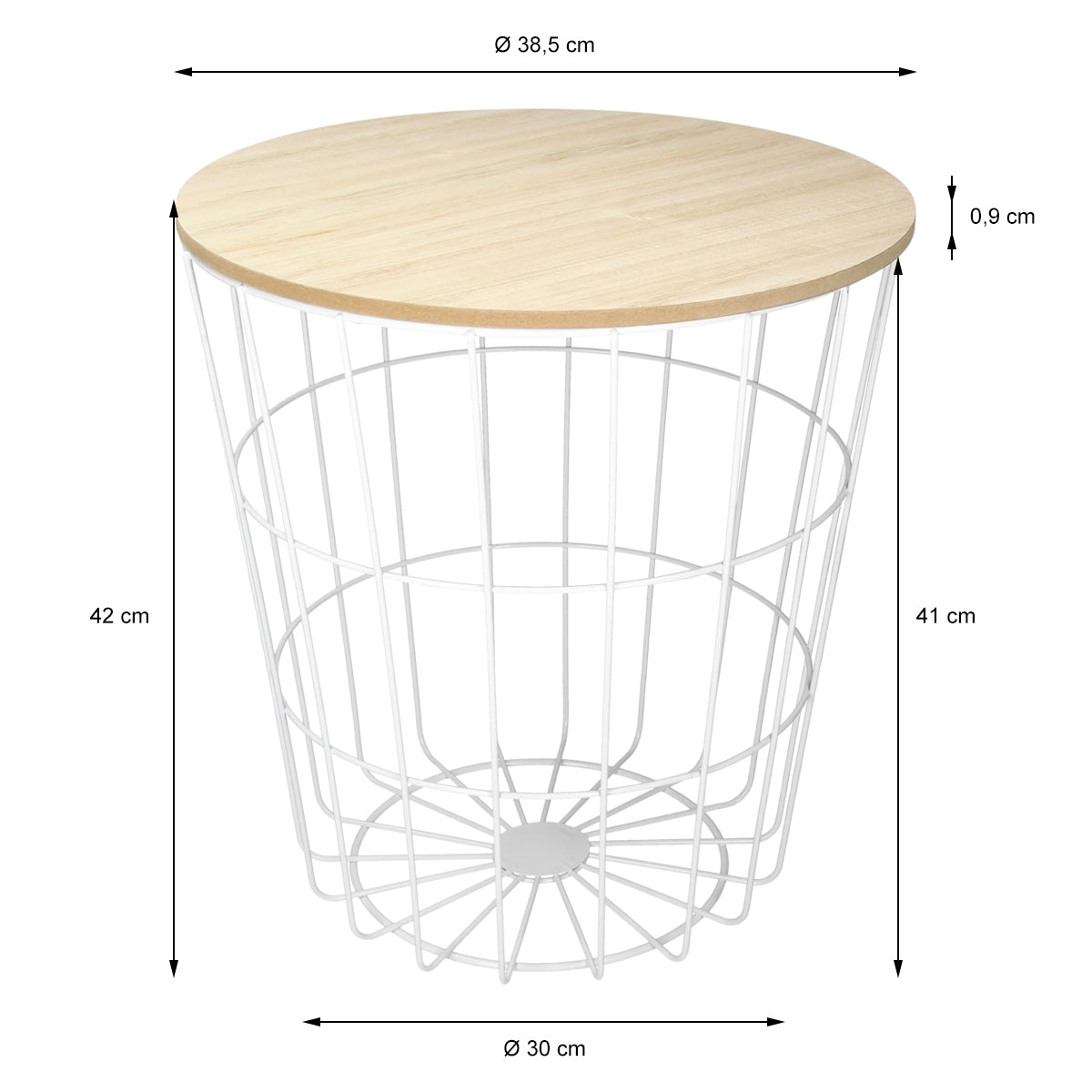 Runder Tisch mit Holzplatte und weißem Drahtgestell, Maße: Ø 38,5 cm.