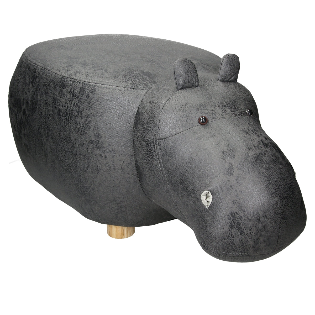 Stool in the shape of a hippopotamus made of gray material with wooden feet.