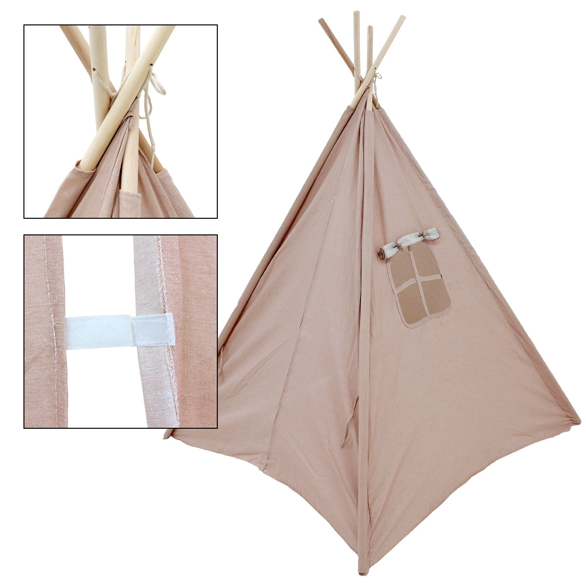 Zelt in beige, mit Sicht auf die Spitze und Detailansicht.
