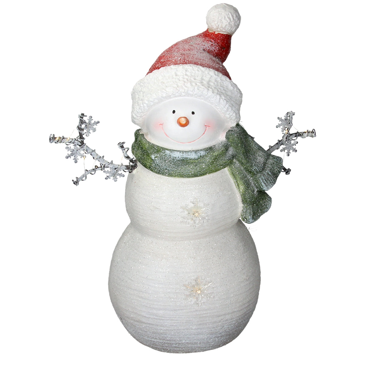 Schneemann mit rotem Hut und grüner Schal, auf weißem Hintergrund.