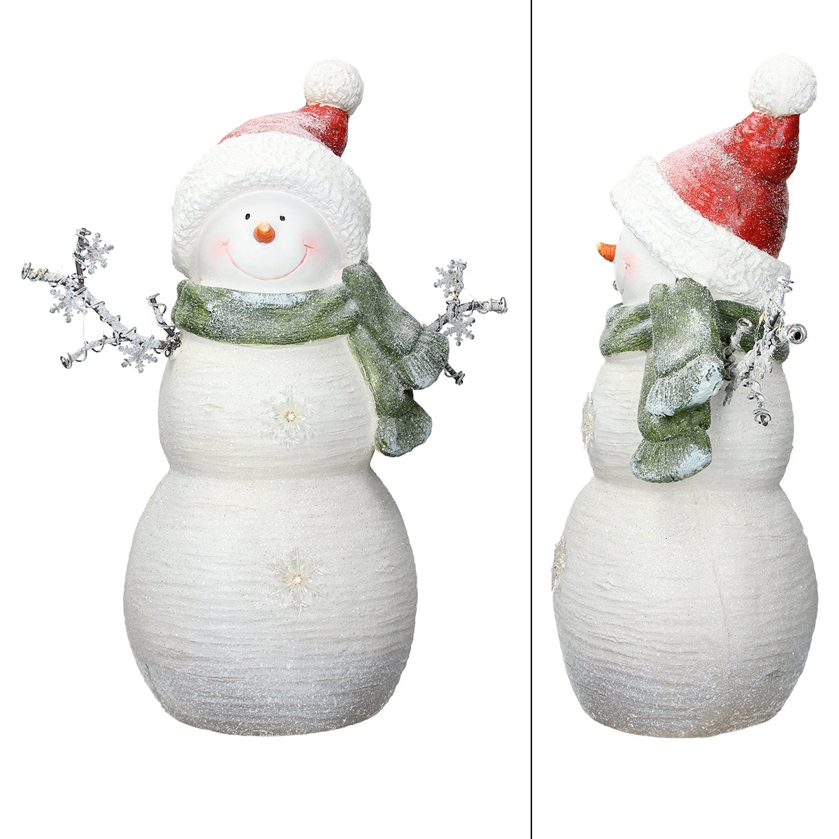 Ein Schneemann mit rotem Hut und grüner Schal, lächelt mit zwei Ästen als Arme.