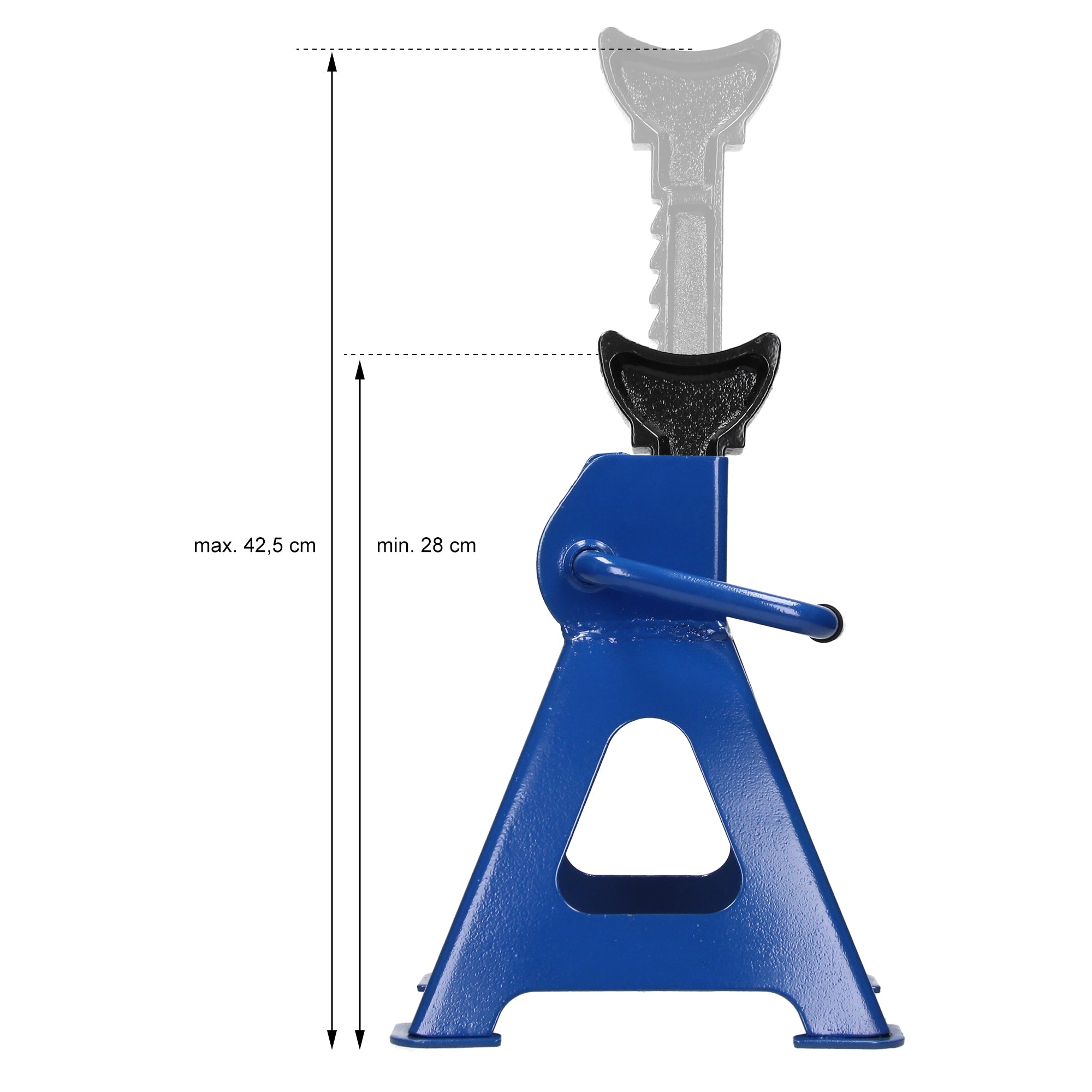 Ein blauer Wagenheber mit Höhenangaben von 28 cm bis 42,5 cm.