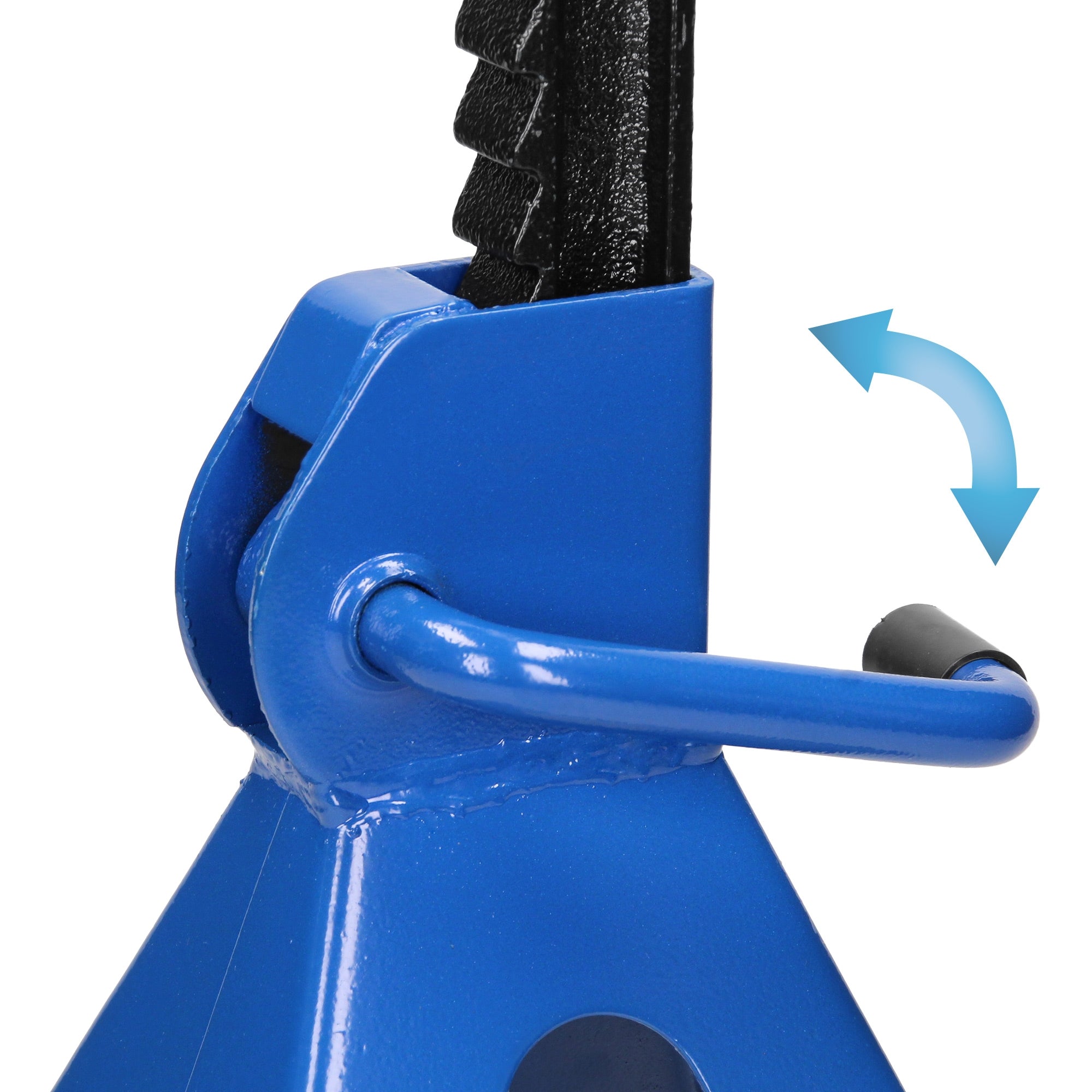 Blaues Stützgerät mit Hebelmechanismus.