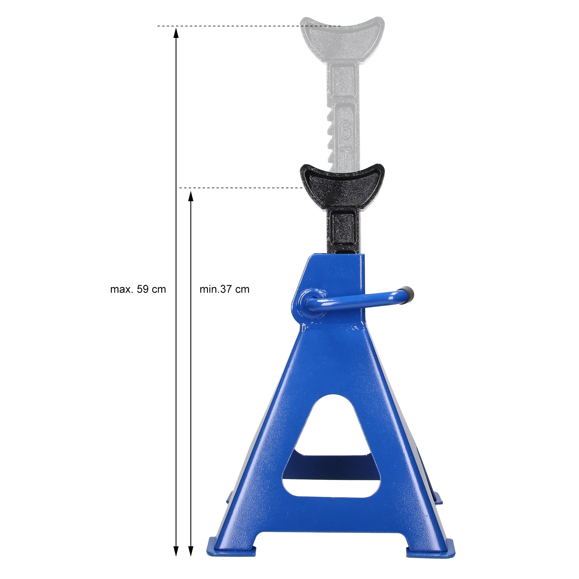 Blauer Wagenheber mit verstellbarer Höhe, maximal 59 cm.