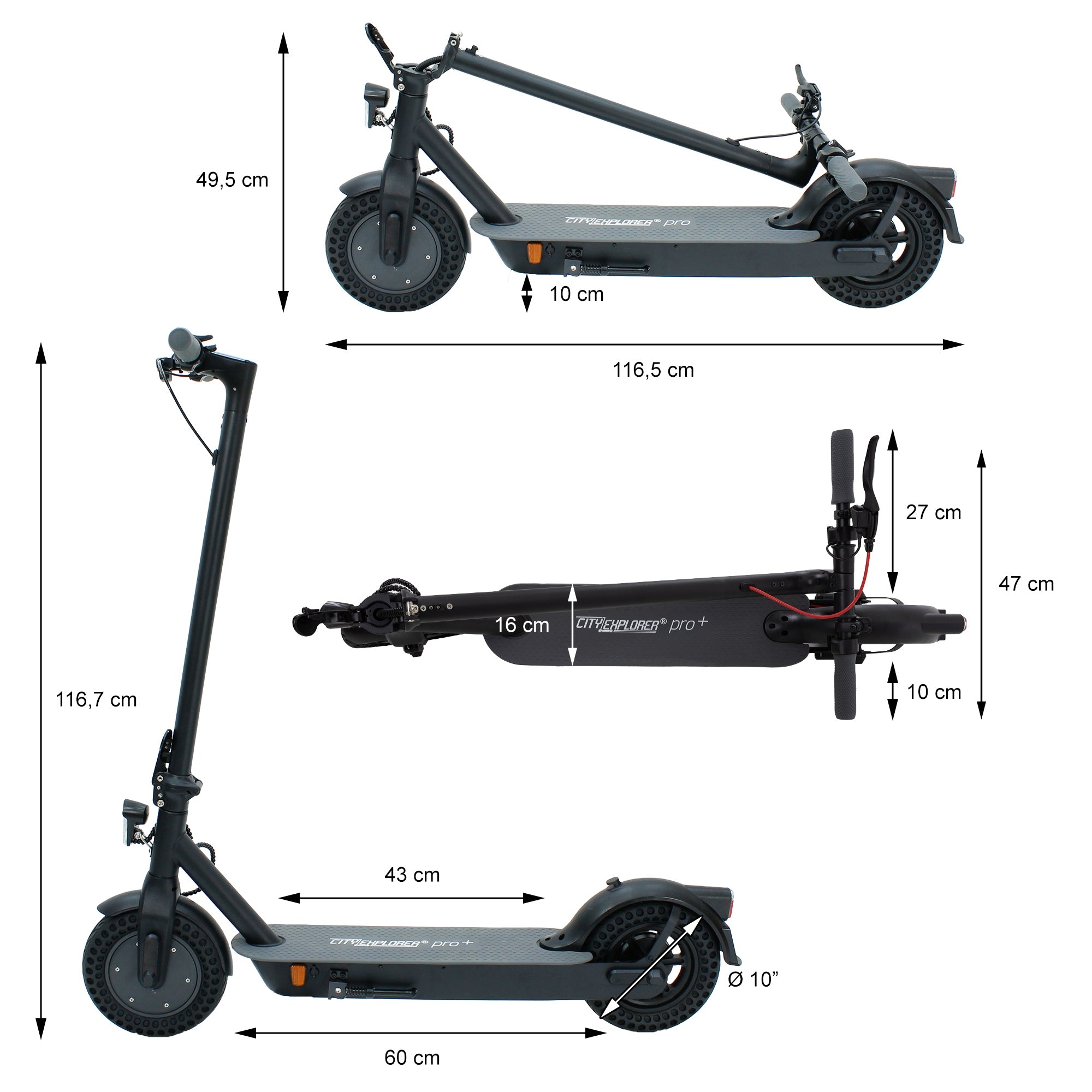 Dibujo técnico de un patinete eléctrico con medidas.