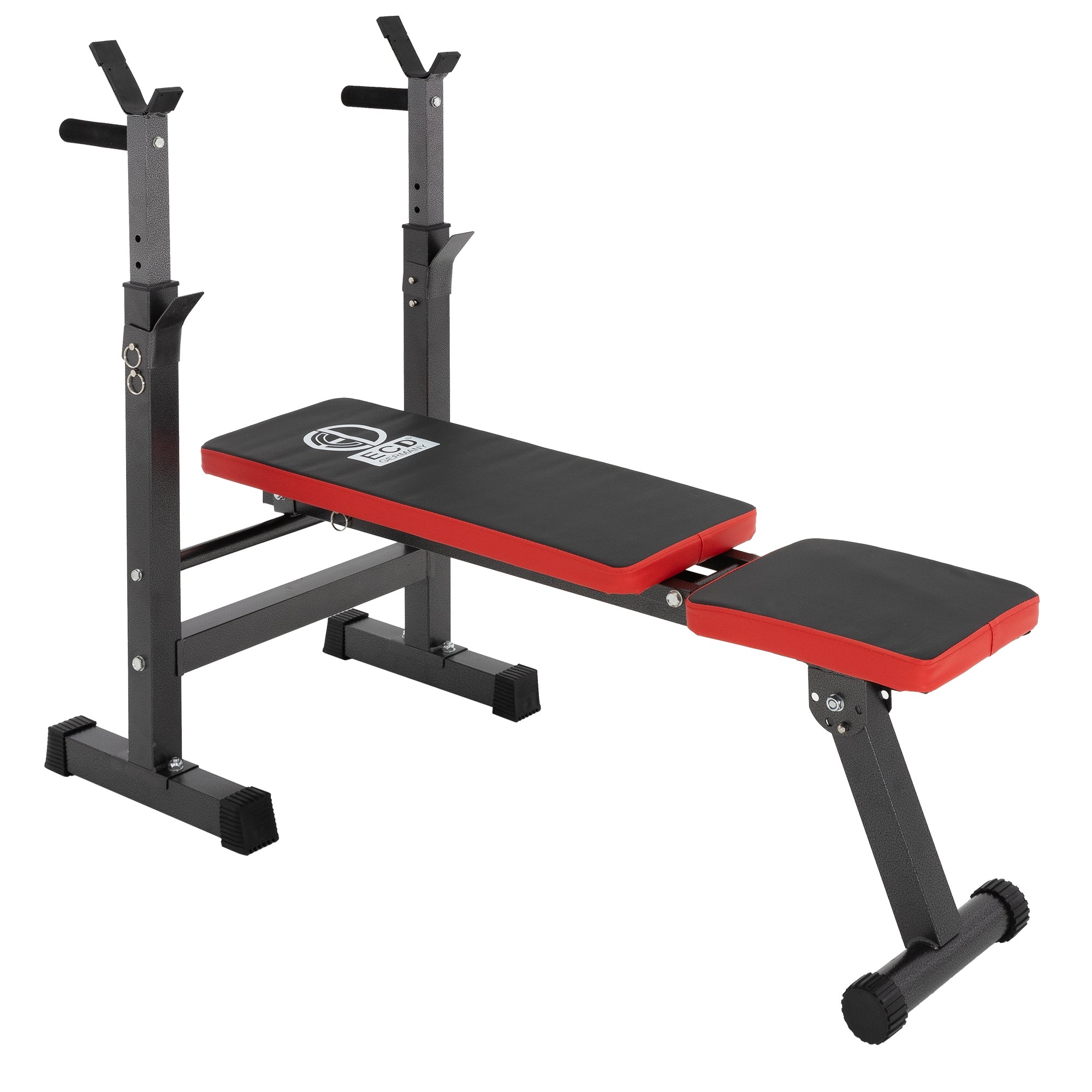 Schwarz-rotes Fitnessgerät mit Halterungen und einer Bank.