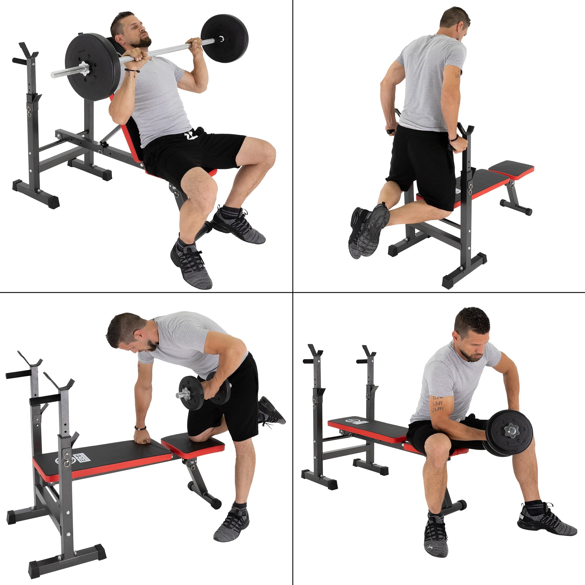 Personen beim Krafttraining an einer Hantelbank in verschiedenen Übungen.