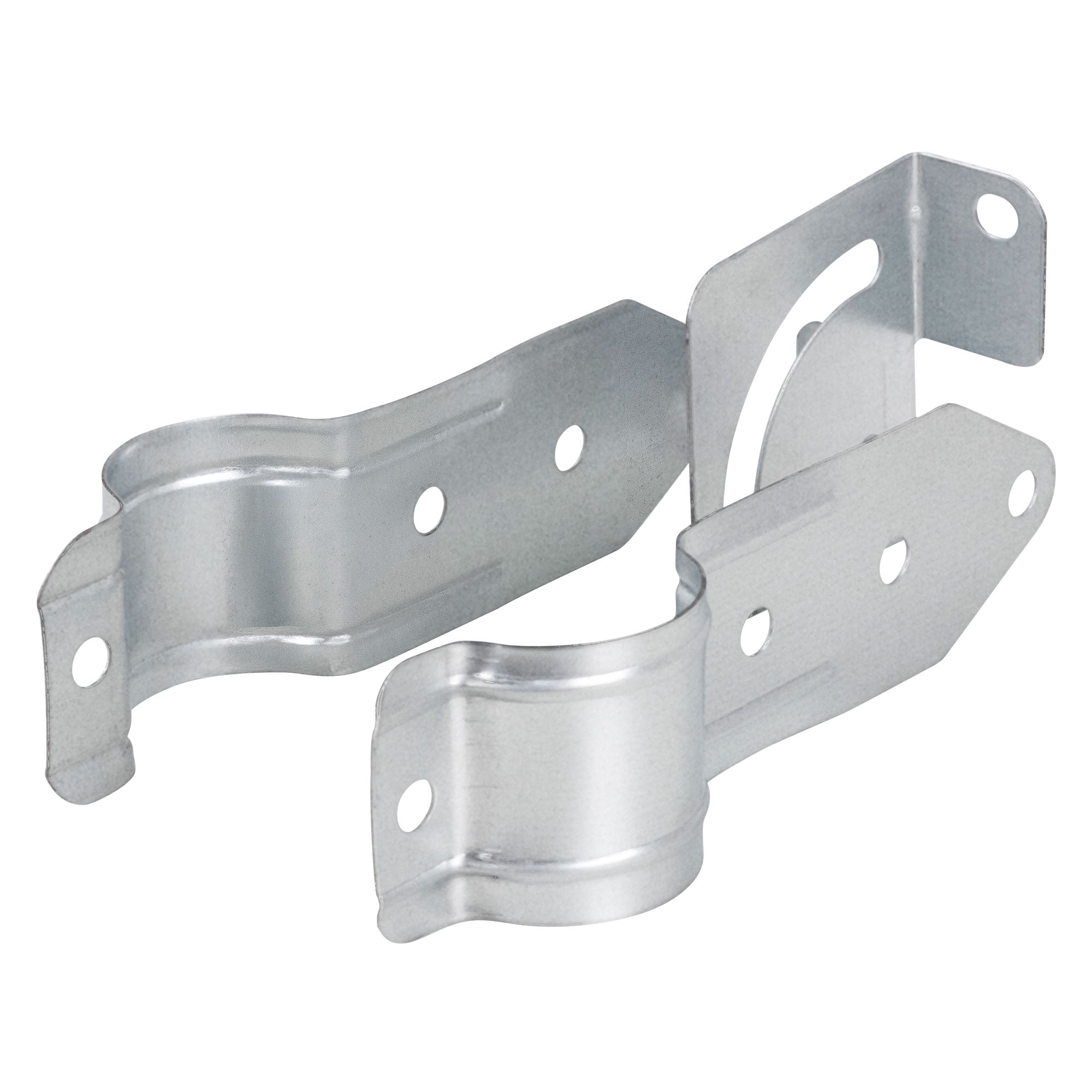 Zwei silberne Metallhalterungen mit einer gebogenen Form.