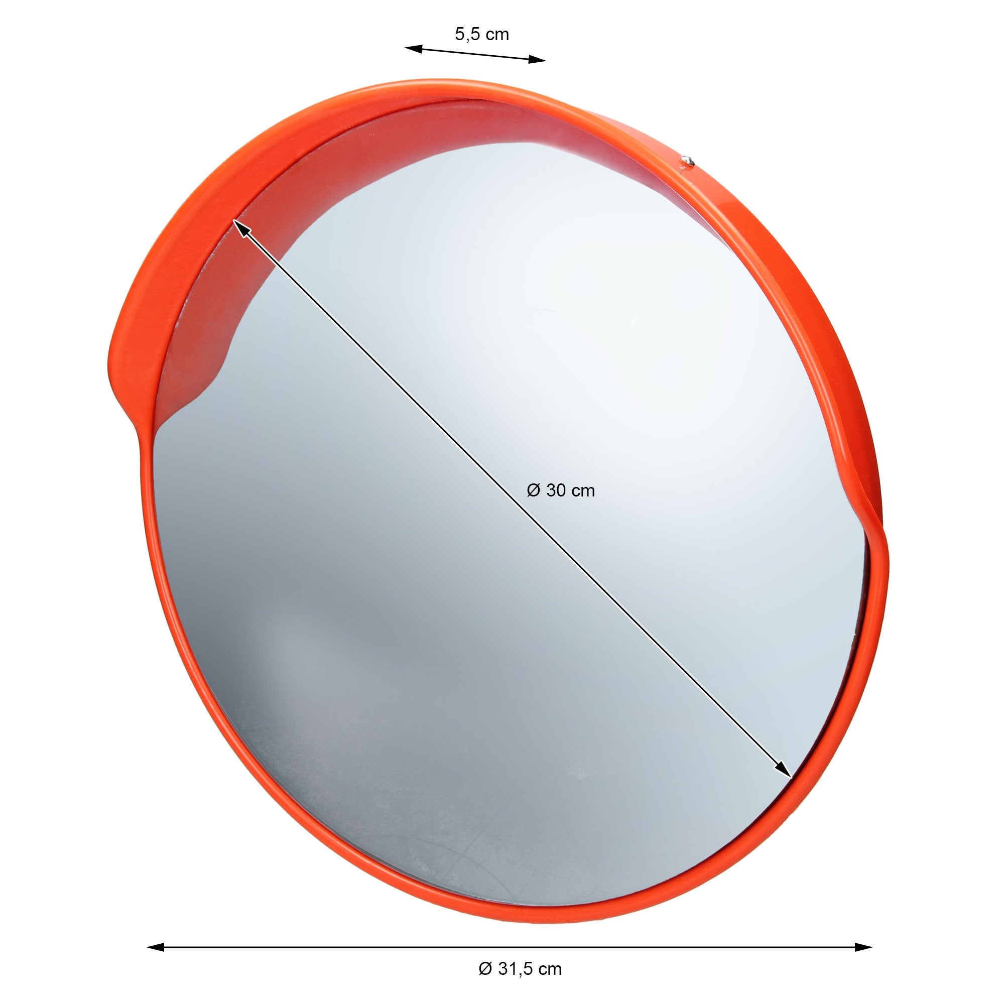 Runder Spiegel mit orangefarbenem Rahmen, Durchmesser 31,5 cm.