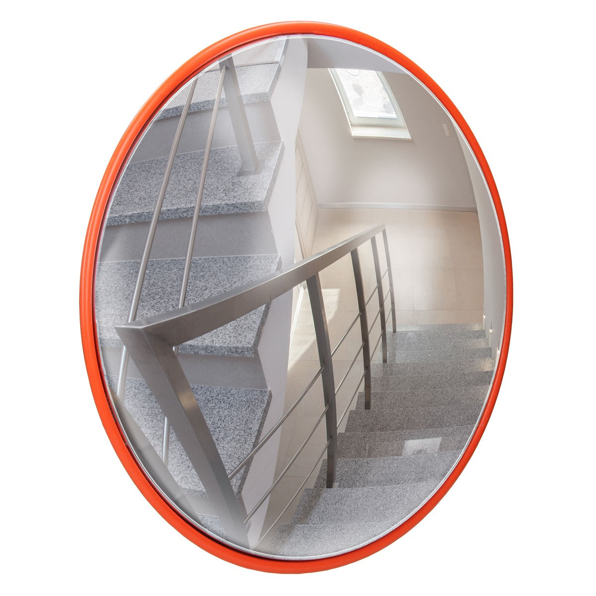Runder Spiegel mit orangefarbenem Rahmen, der eine Treppe reflektiert.