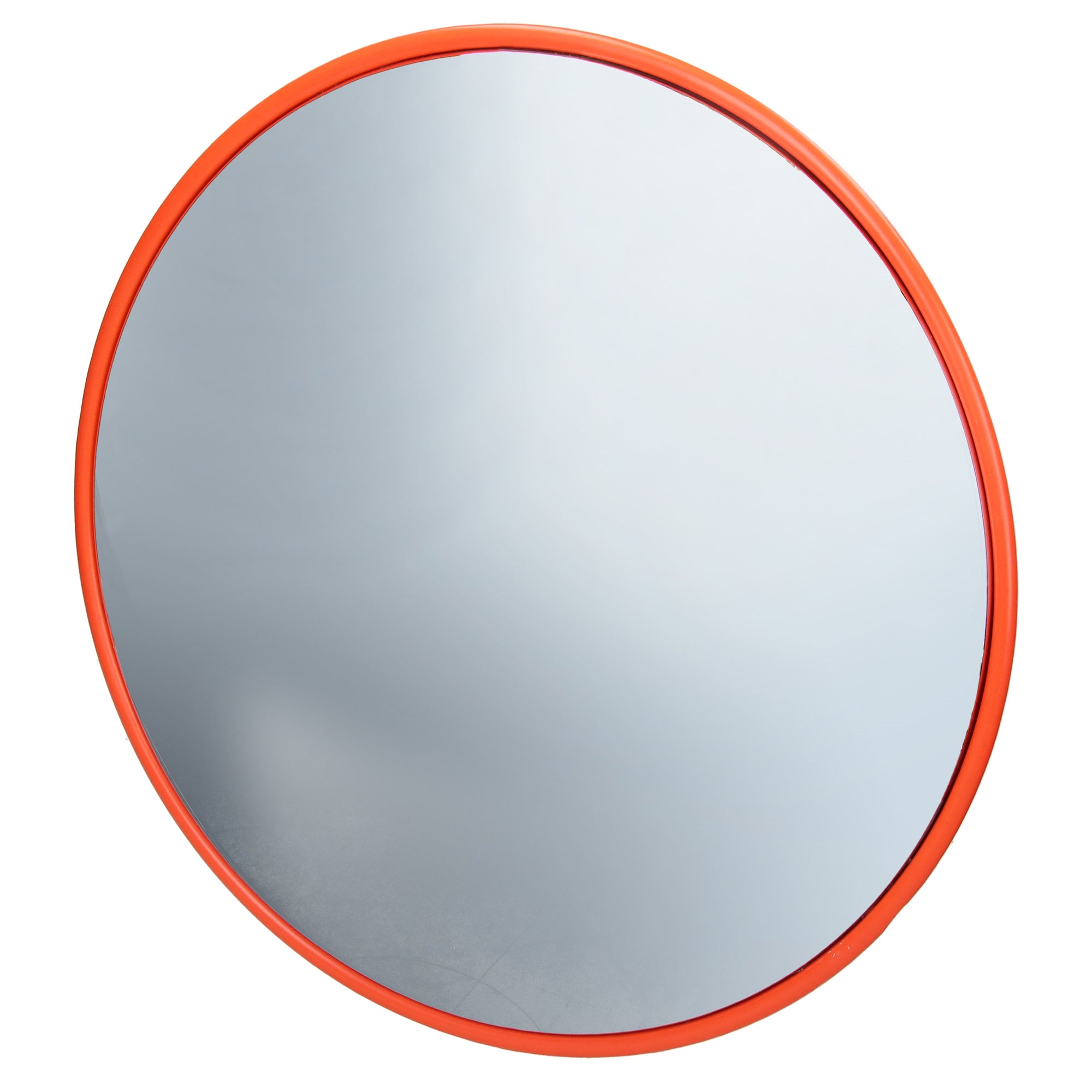 Runder Spiegel mit orangefarbenem Rahmen, reflektiert Licht.