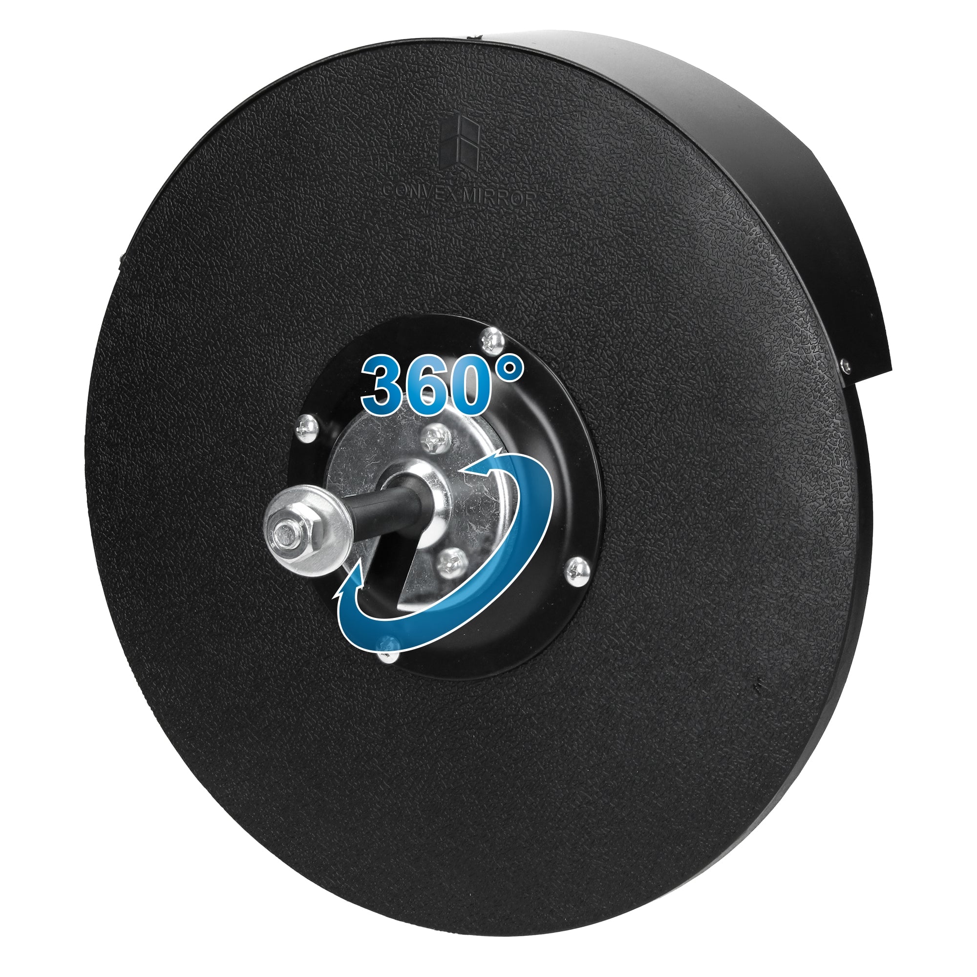 Sort rundt objekt med en drevmekanisme og teksten 360°.