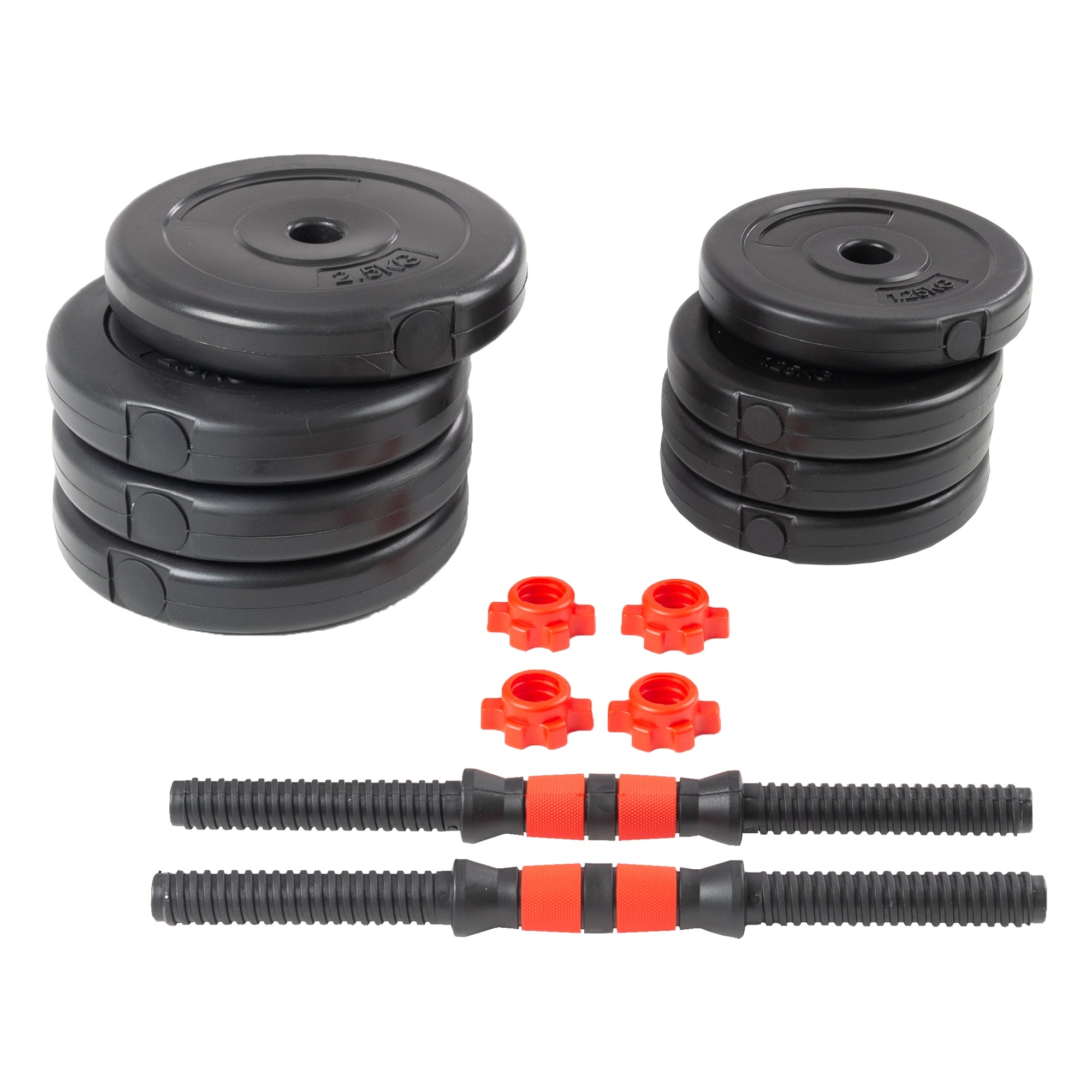 Poids de différentes tailles avec des pièces de connexion rouges.