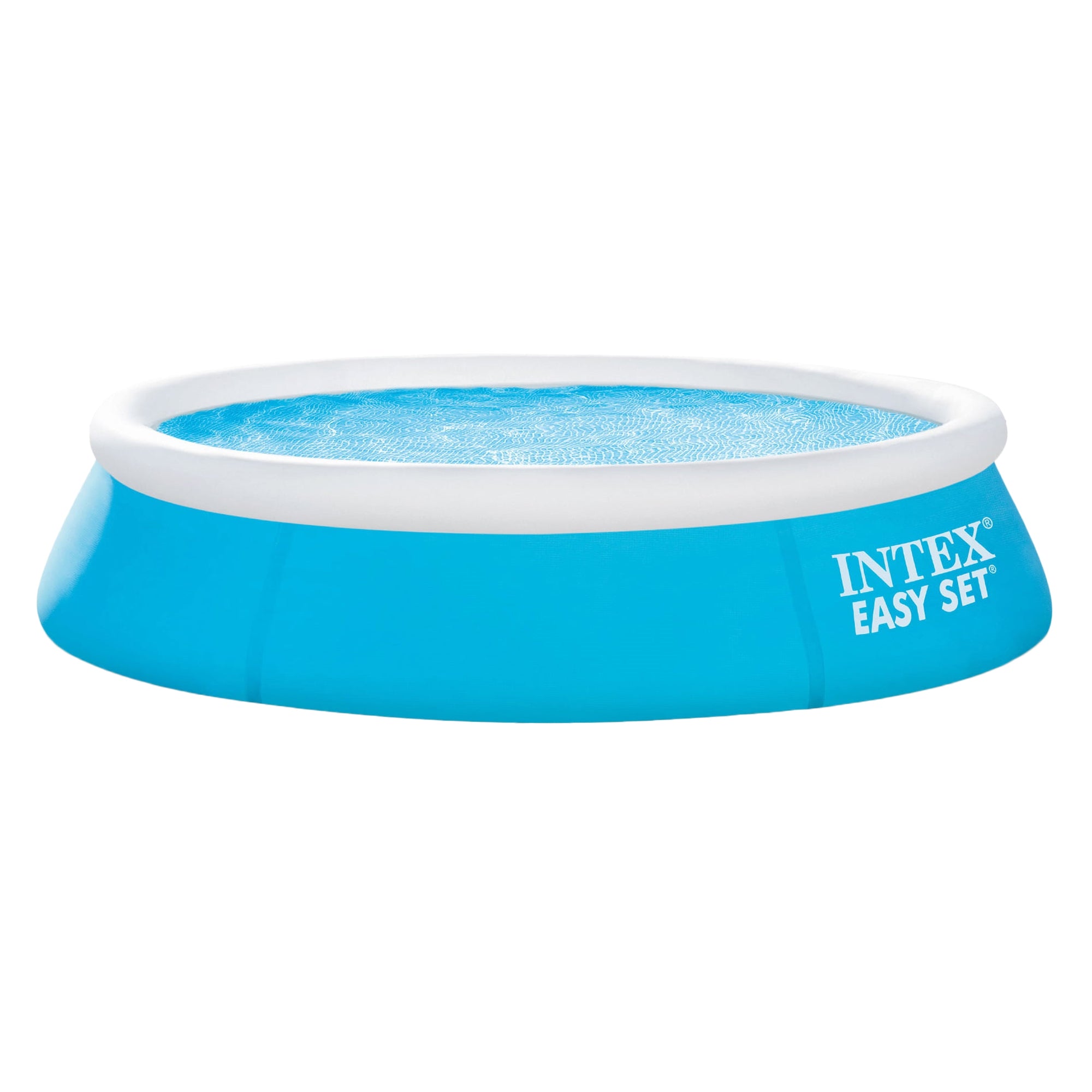 Piscina redonda y plana, azul con borde blanco, para fácil montaje.