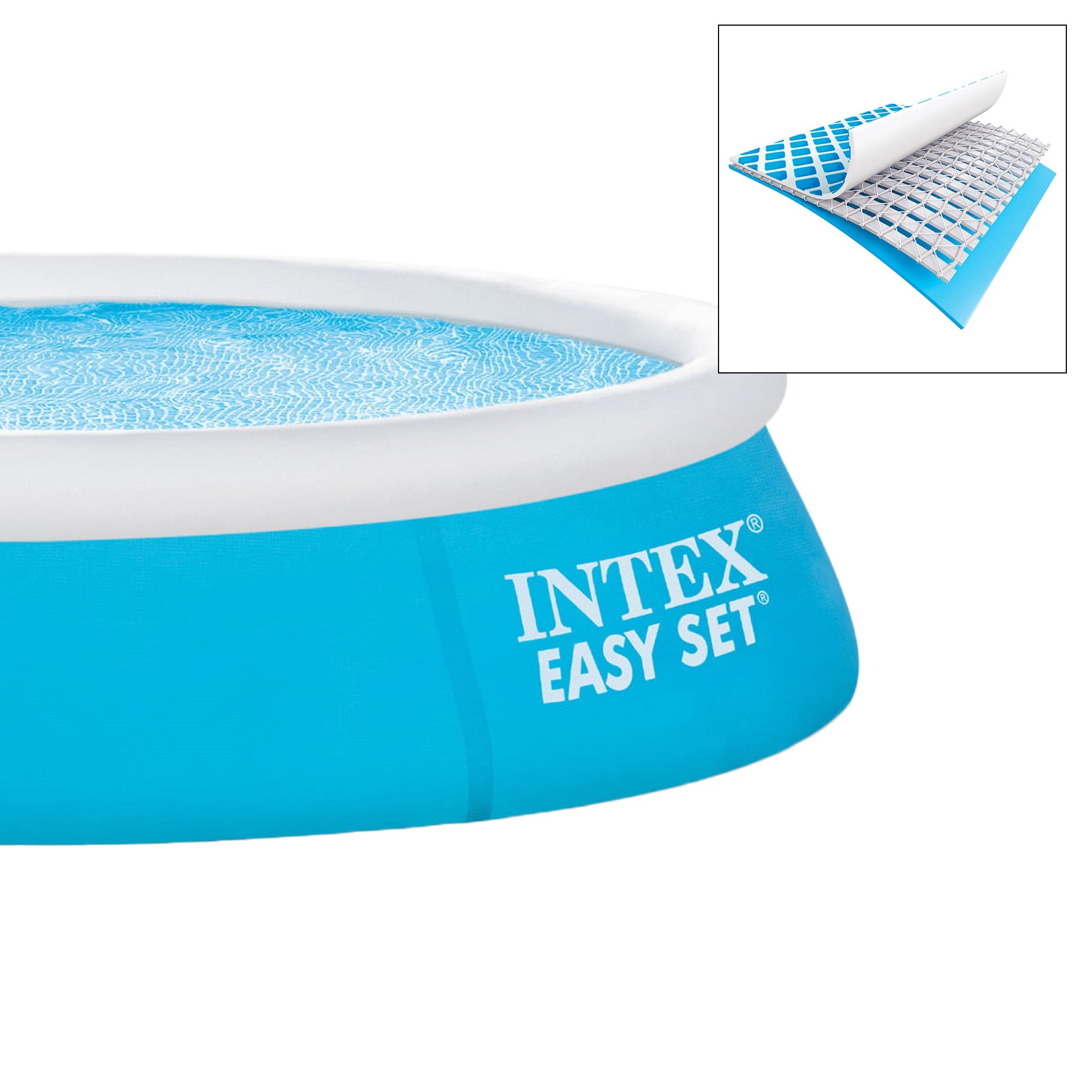 Piscina redonda con pared exterior azul y superficie de agua.
