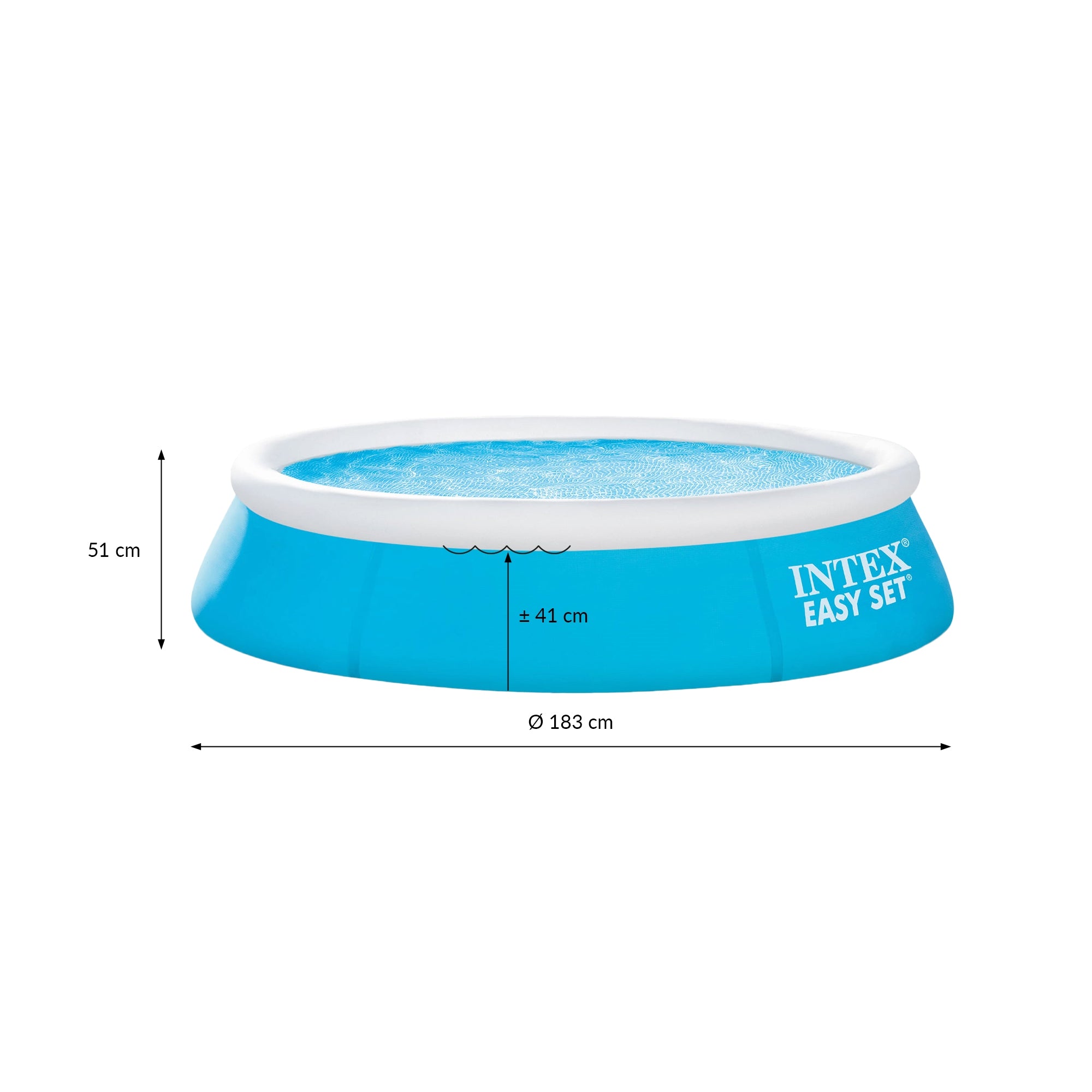 Piscina redonda inflable con agua y medidas.