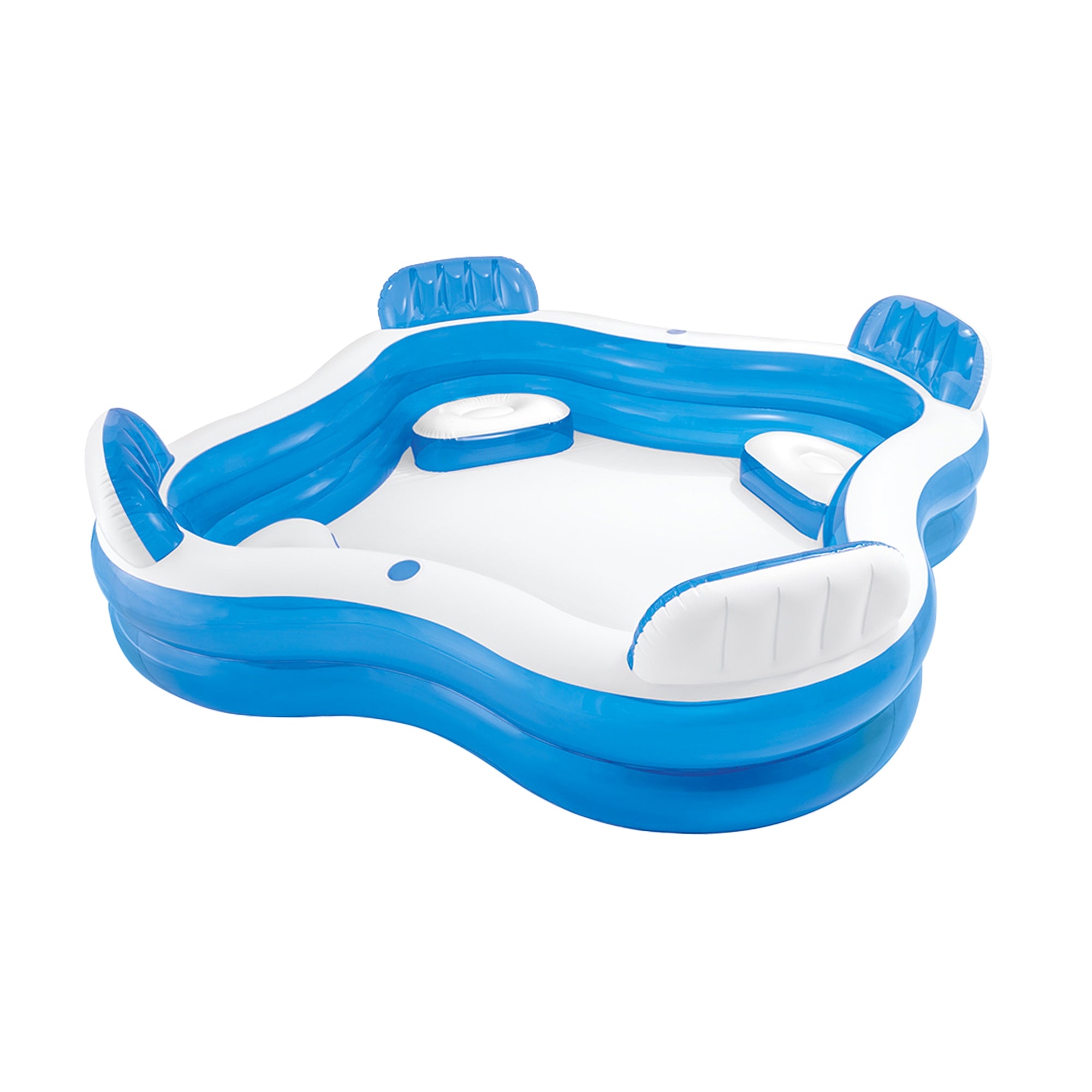 Piscine gonflable en forme de cœur, bleue et blanche, avec deux sièges.