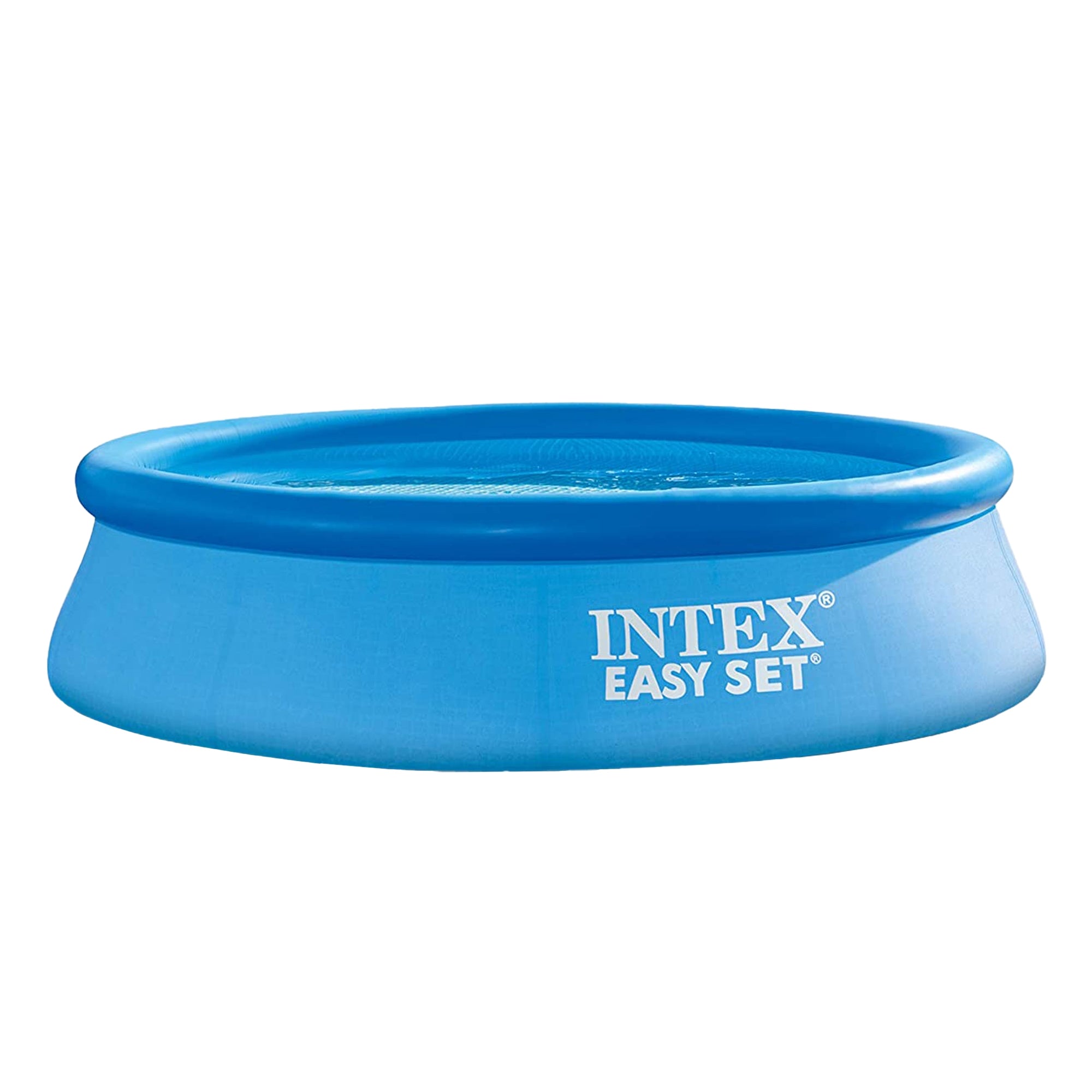 Blauer, runder Easy Set Pool ohne Wasser.
