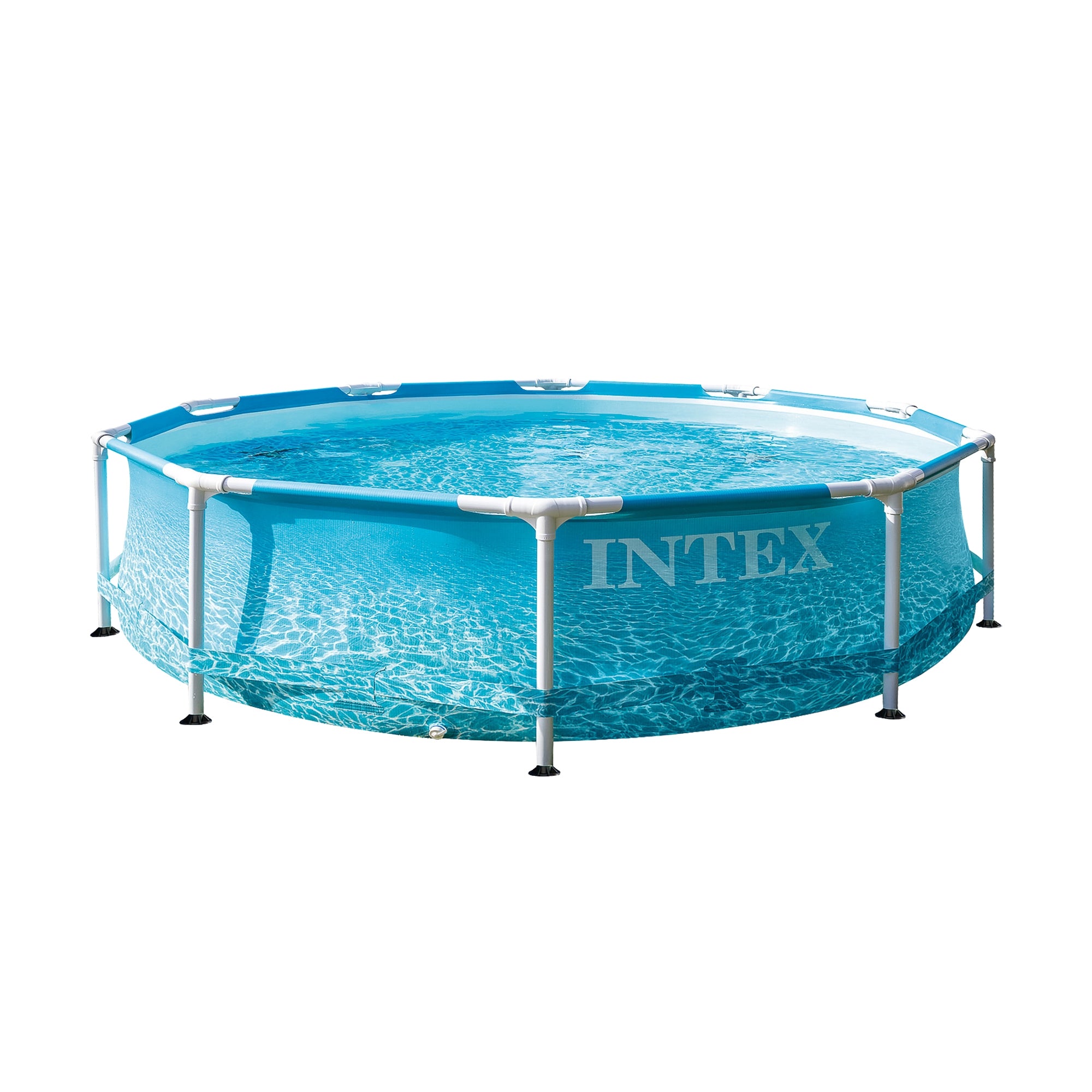 Rond zwembad met blauwe folie en wateroppervlak.