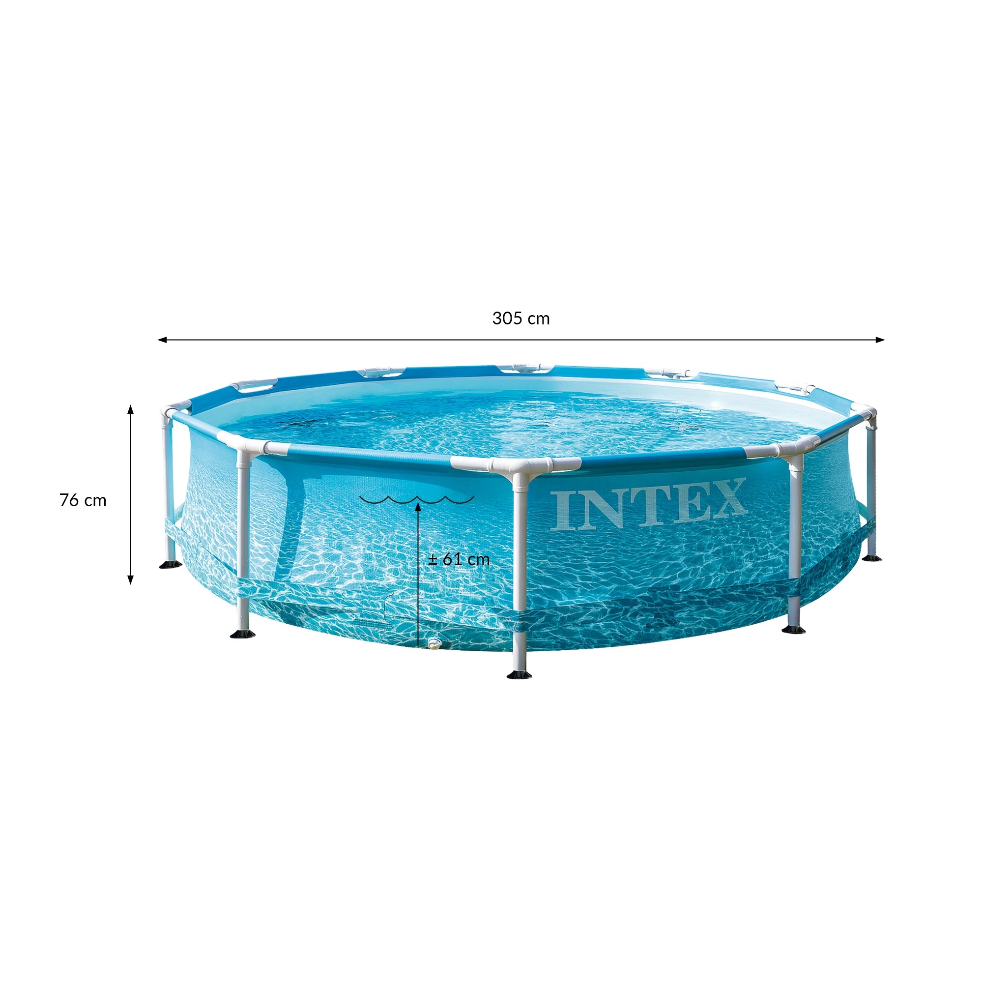 Rond zwembad met water, diameter 305 cm, hoogte 76 cm, blauw ontwerp.