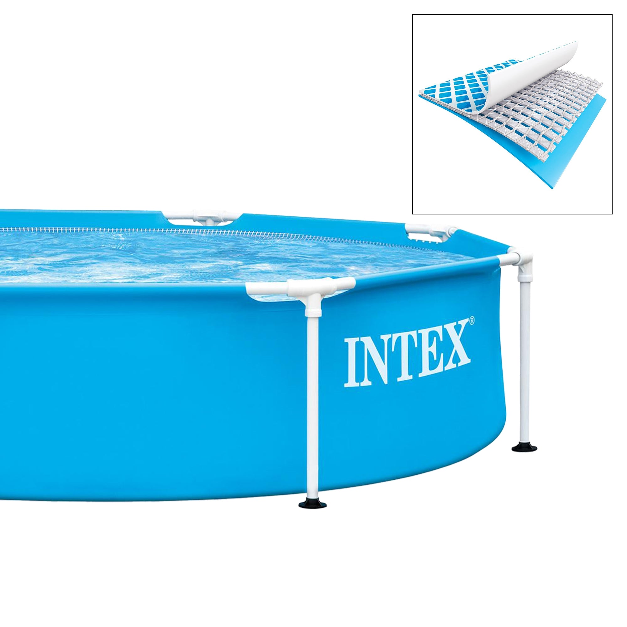 Rundes, blaues Aufstellbecken mit Wasser und INTEK-Logo.