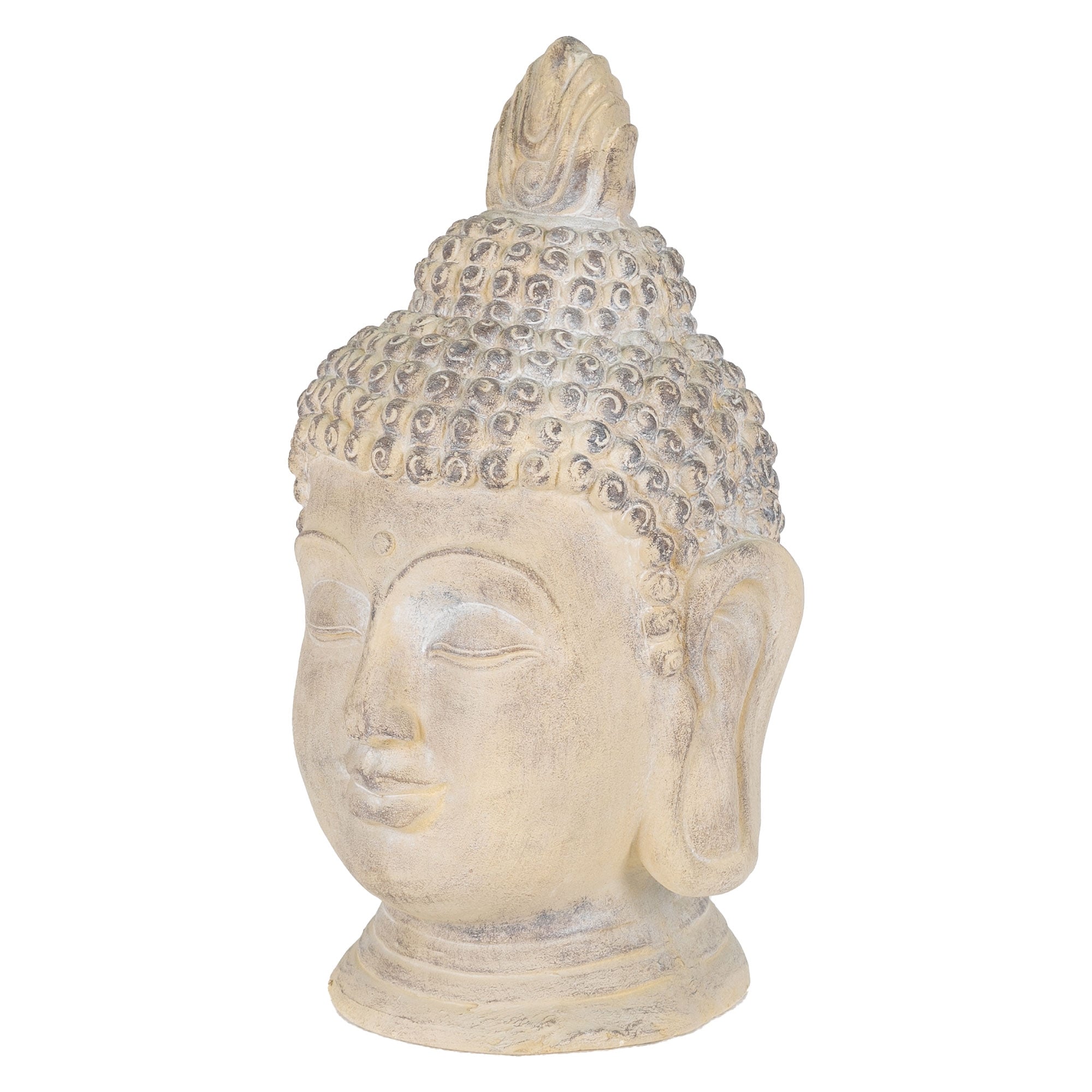 Buddha-Kopf aus Stein, auf weißem Hintergrund, mit detaillierter Struktur.
