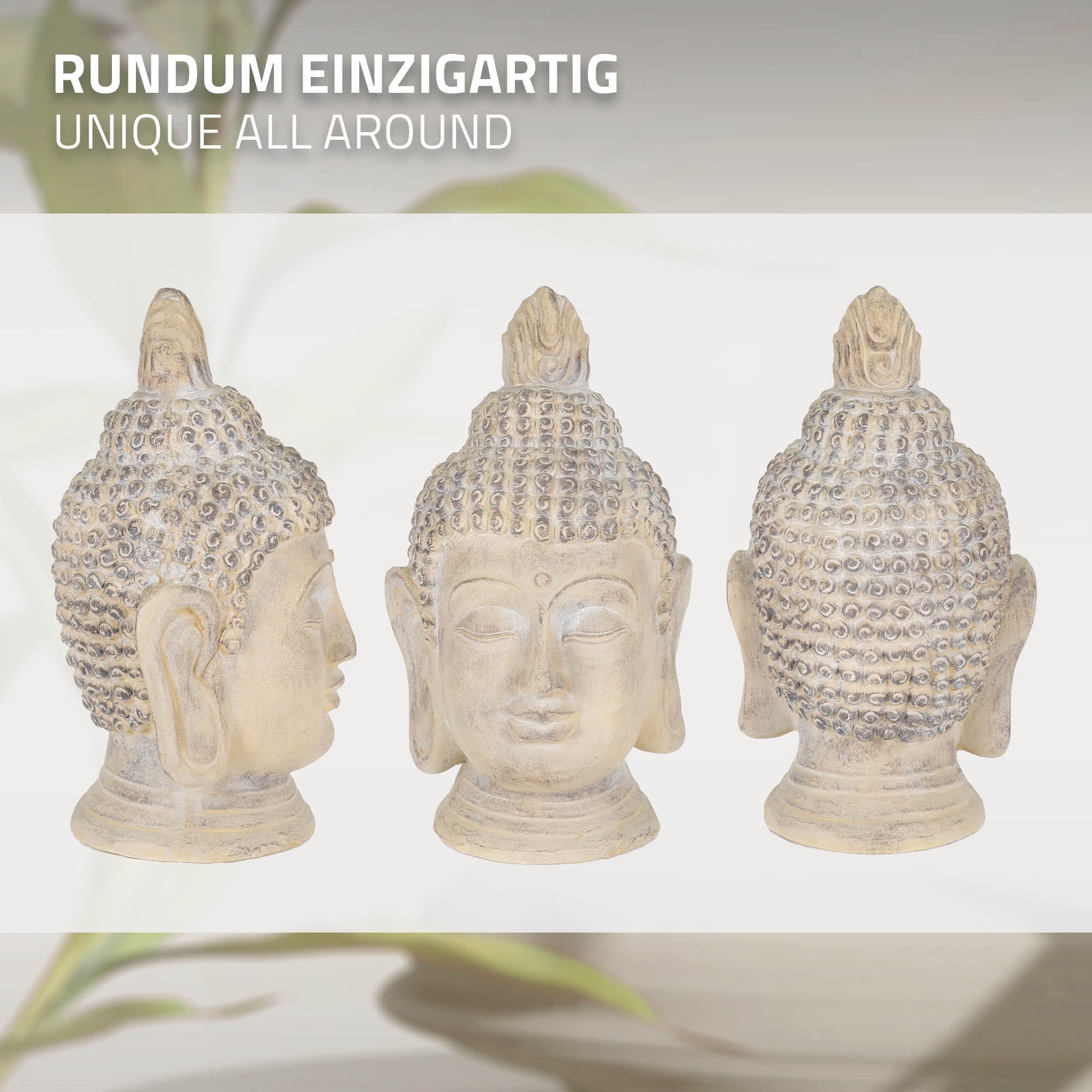 Buddha-Kopf in drei Ansichten, einzigartig gestaltet.