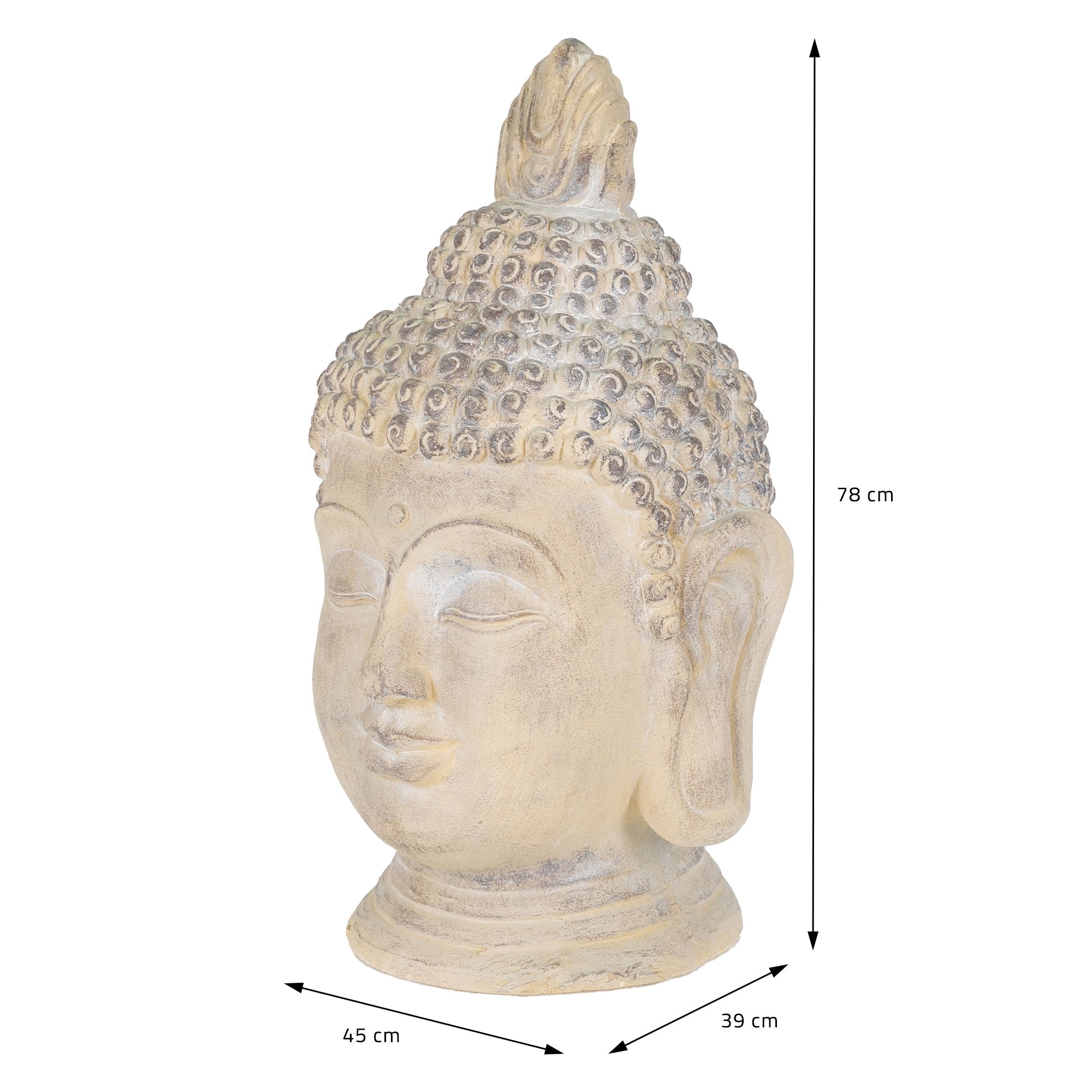 Buddha-Kopf mit Maßangaben, in hellen Farben, auf weißem Hintergrund.