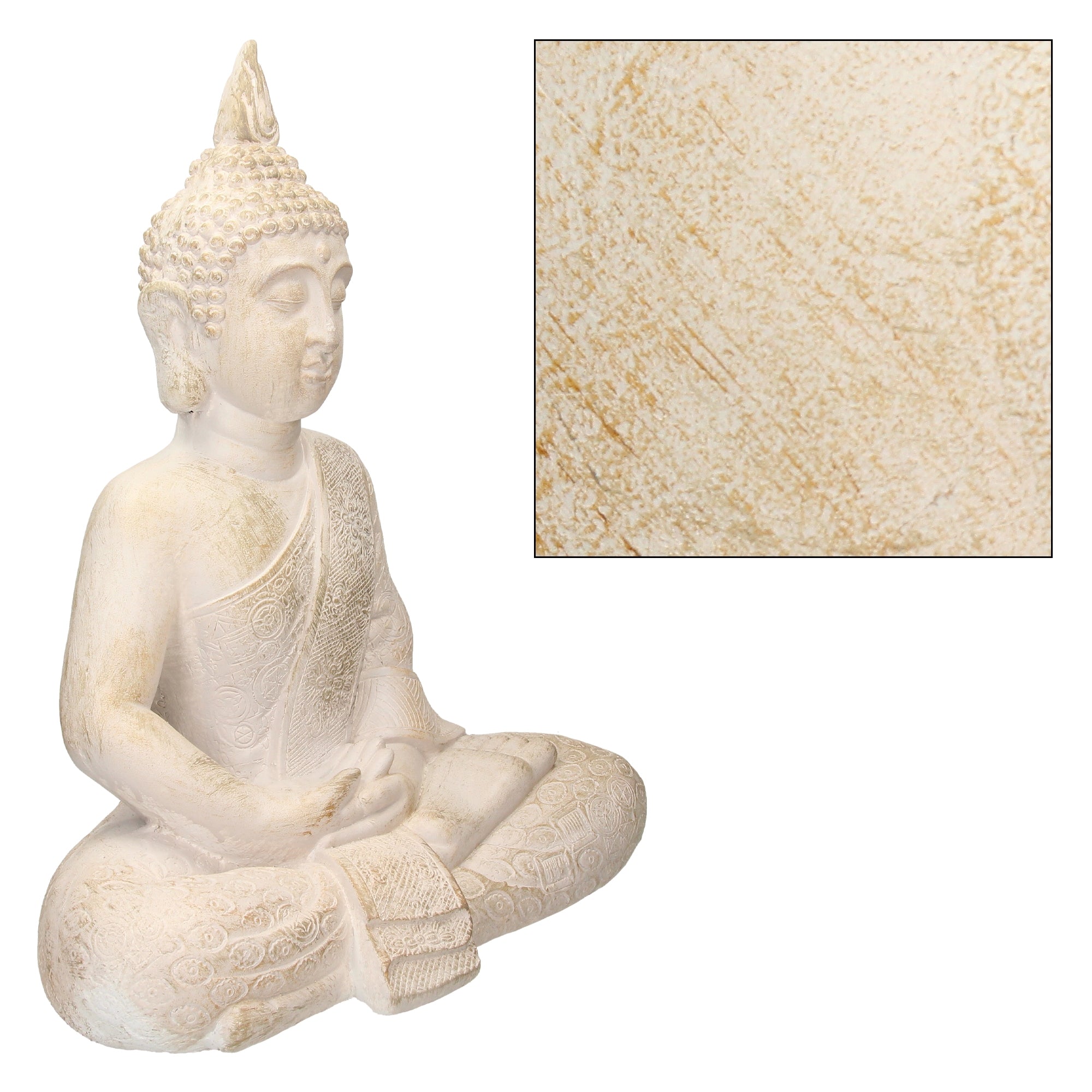 Figura de Buda de resina blanca con vista de textura.