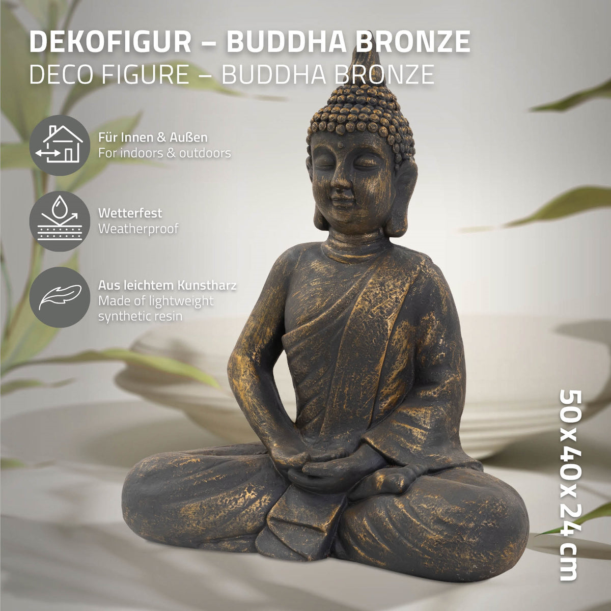 Dekorative Buddha-Figur aus Kunstharz, sitzend, wetterfest, 50x40x24 cm.