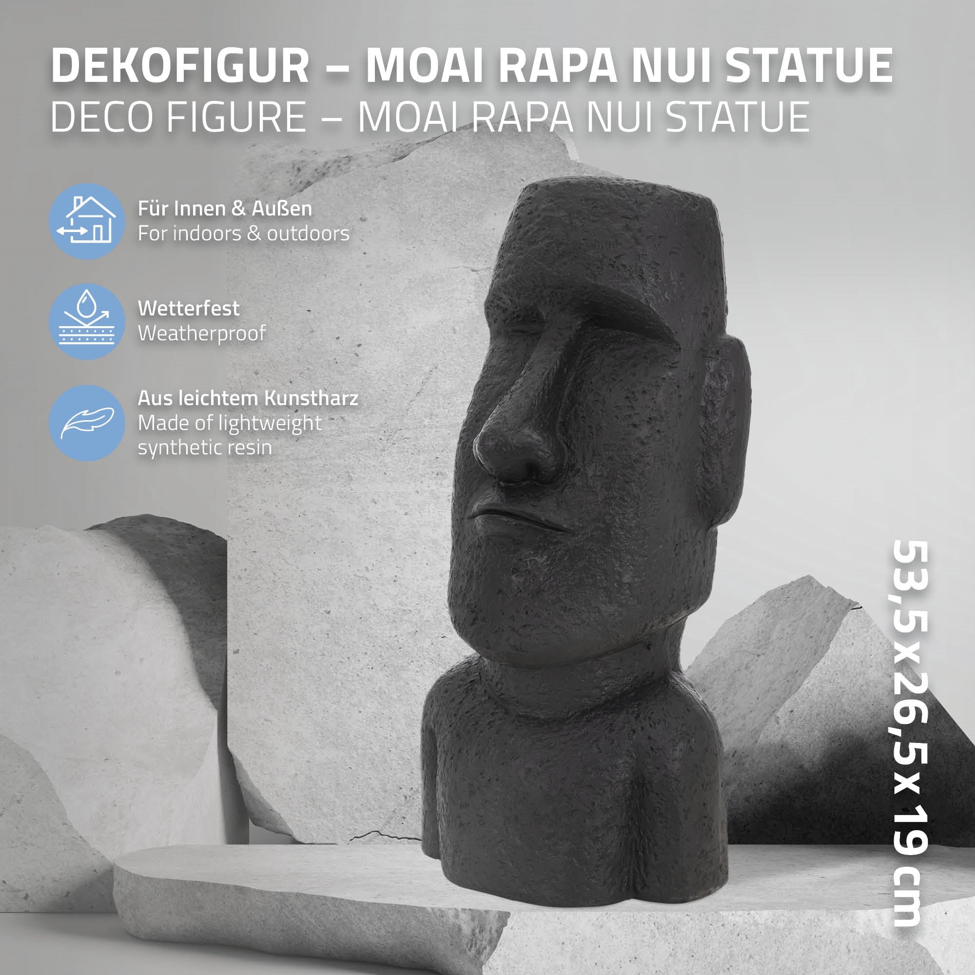 Moai Rapa Nui Statue aus Kunstharz, wetterfest, mit Abmessungen.