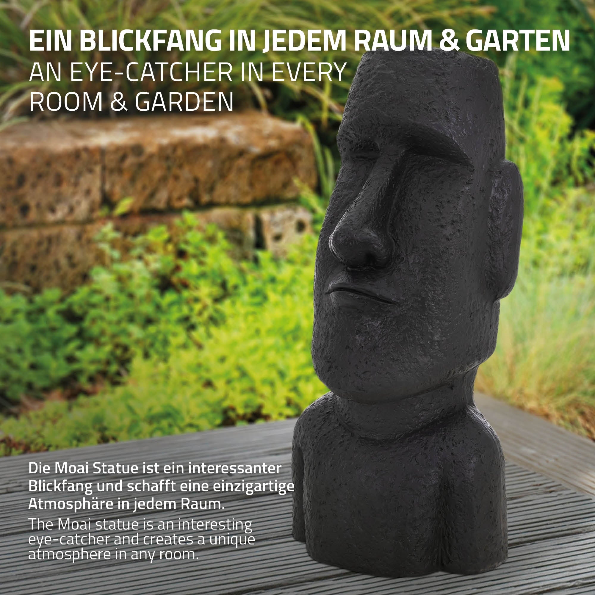 Moai Statue mit Beschreibung, die ihre dekorative Funktion hervorhebt.